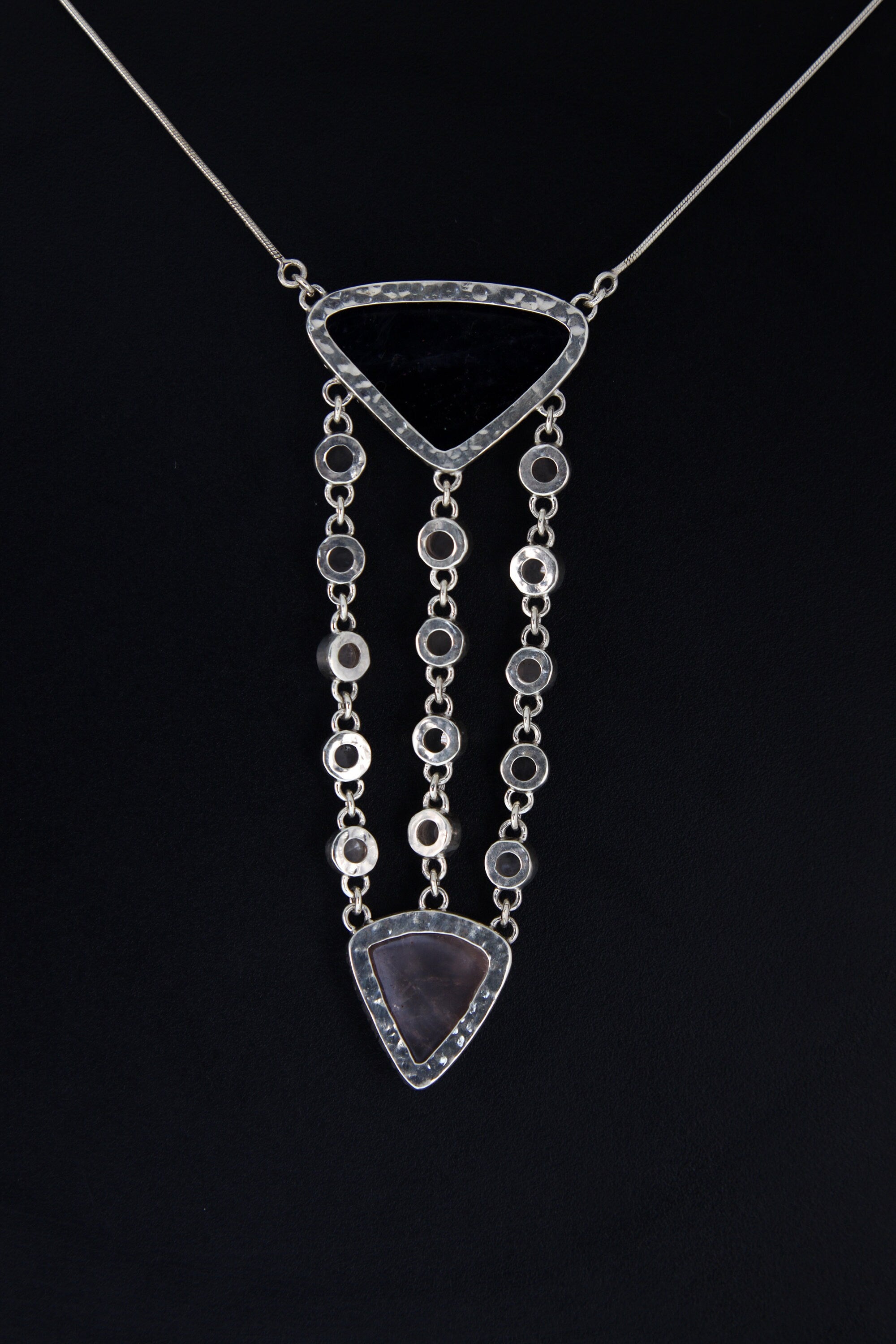 Sterling Silver Pendant Featuring Triangular Precious Tanzanite & Cascading Rose Quartz Buttons Rose Quartz Triangle 16inch Adjustable Chain