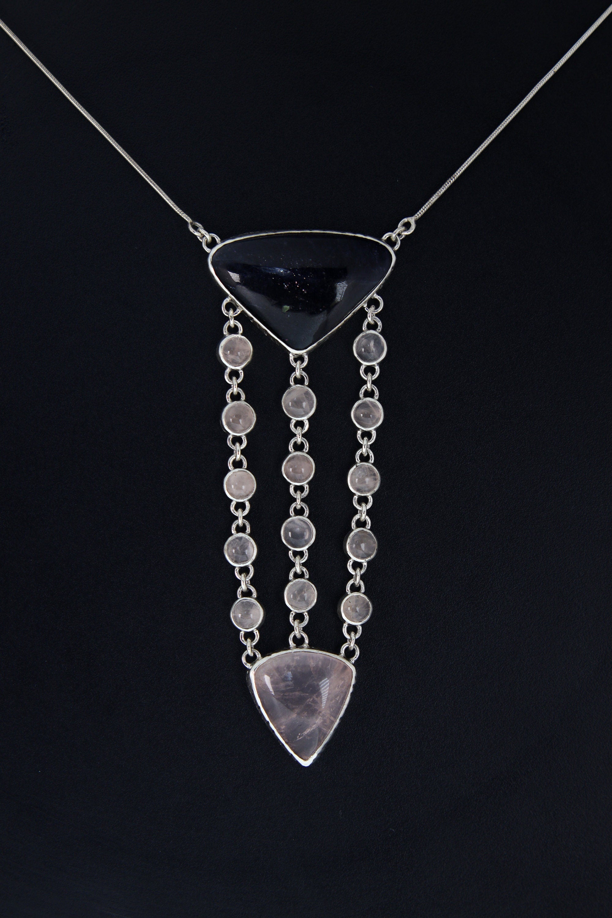Sterling Silver Pendant Featuring Triangular Precious Tanzanite & Cascading Rose Quartz Buttons Rose Quartz Triangle 16inch Adjustable Chain