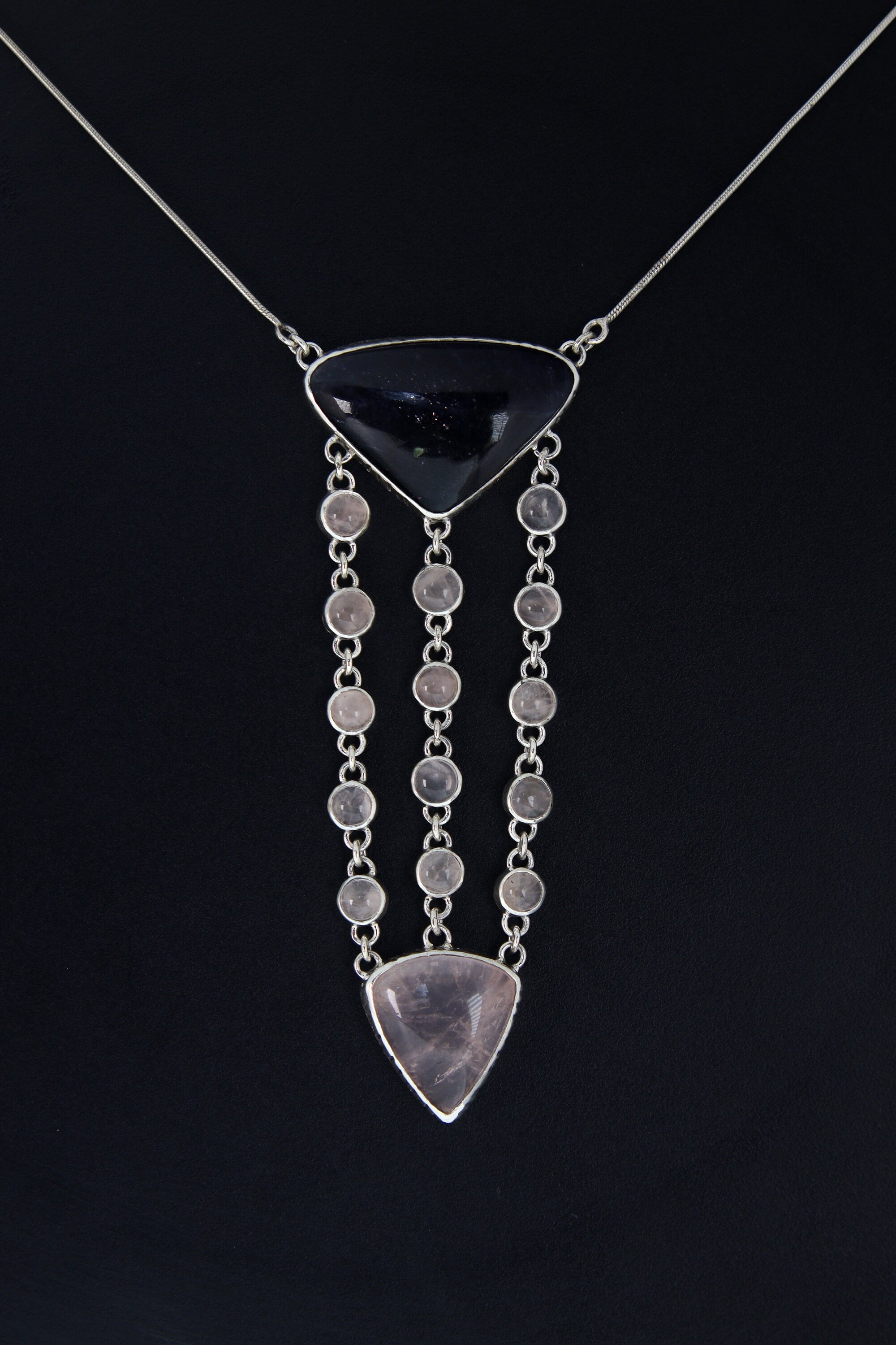 Sterling Silver Pendant Featuring Triangular Precious Tanzanite & Cascading Rose Quartz Buttons Rose Quartz Triangle 16inch Adjustable Chain