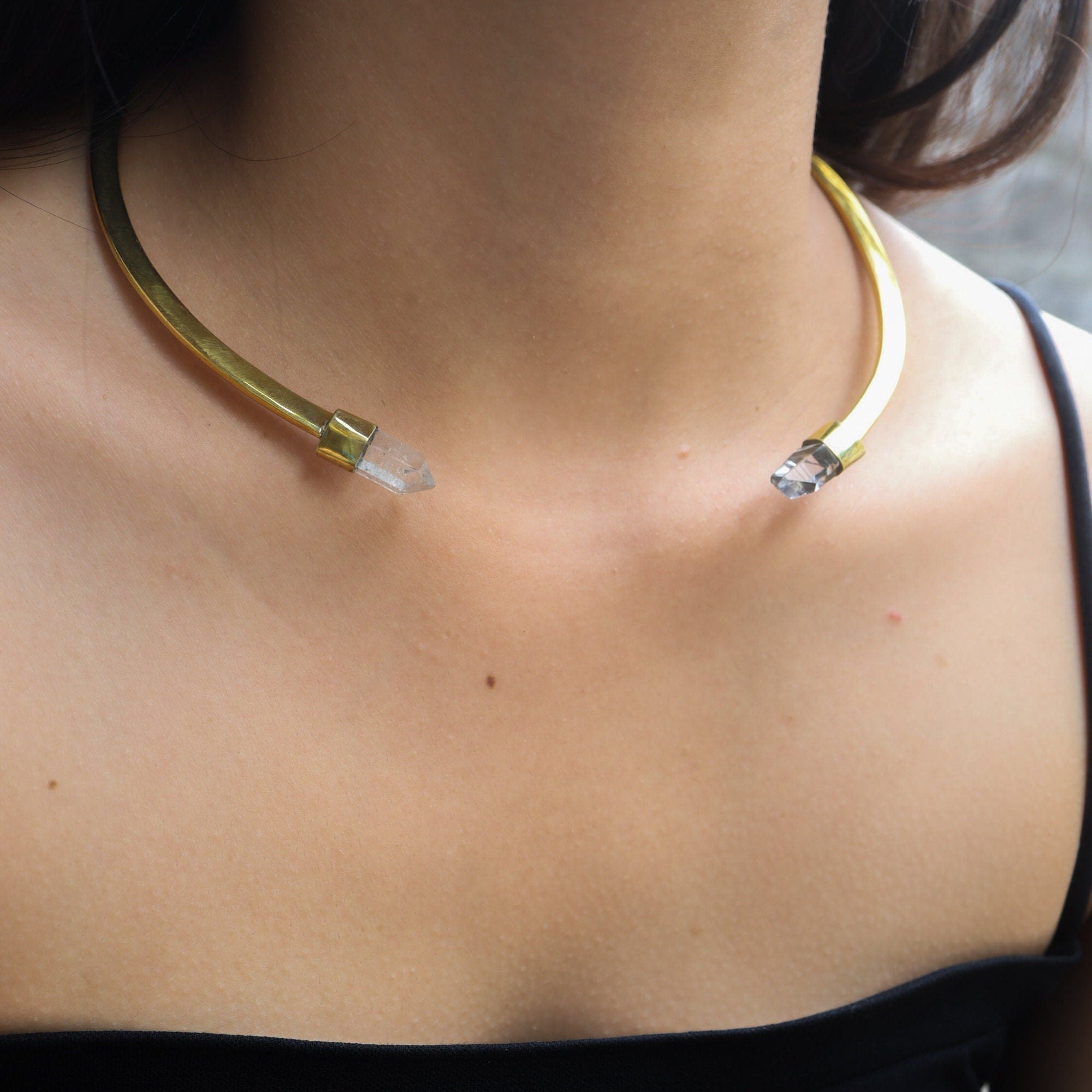 Gold Plated Lemurian Quartz Choker: Crystal Point Collar