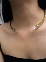Two Lemurian Clear Quartz Points set on Gold Plated Solid Brass Cuff, Golden Neck Collar, Crystal Choker, Throat Cuff Flat