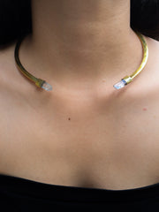 Two Lemurian Clear Quartz Points set on Gold Plated Solid Brass Cuff, Golden Neck Collar, Crystal Choker, Throat Cuff Flat