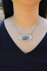 Polished Slice of Gemmy Watermelon Tourmaline Pendant,Sterling Silver, Shiny Finish, Textured Design,Heart Chakra,Libra Zodiac, Unique Gift