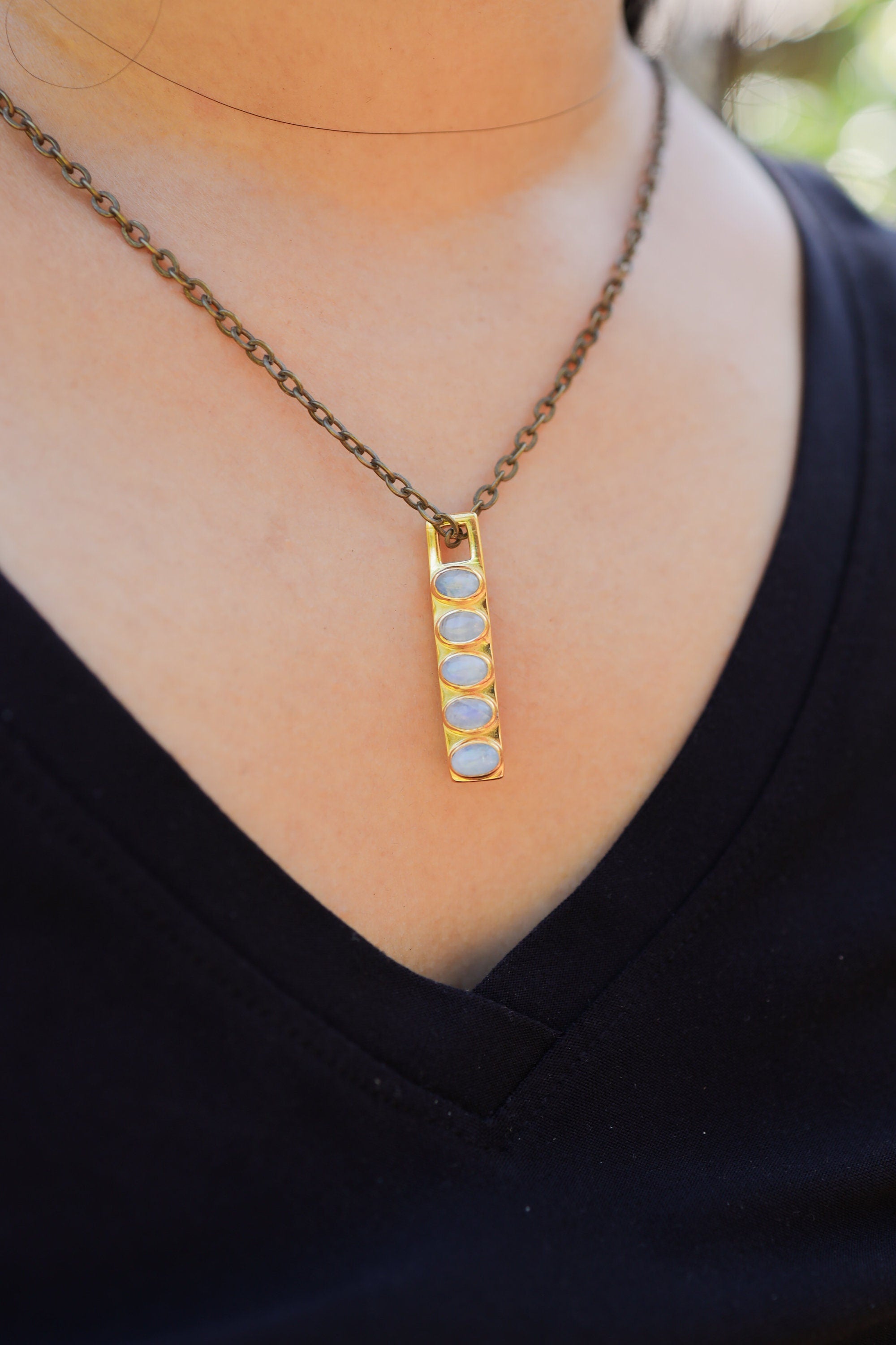 Blue Moonstone Brass Pendant: Gold Plated Rectangular Gemstone