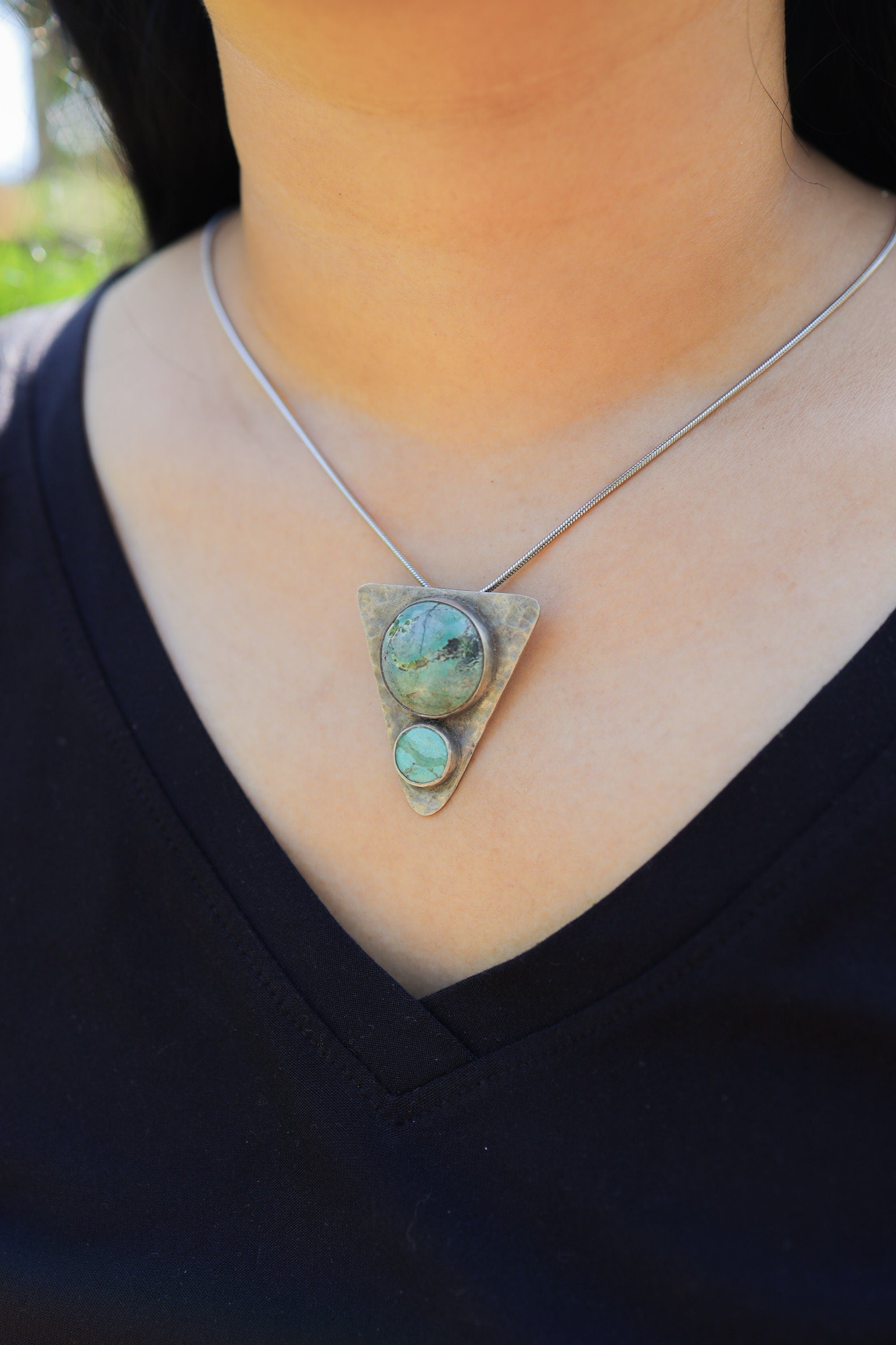 Hammered Turquoise Triangle Pendant: Oxidized Sterling Silver, Calming Chakra