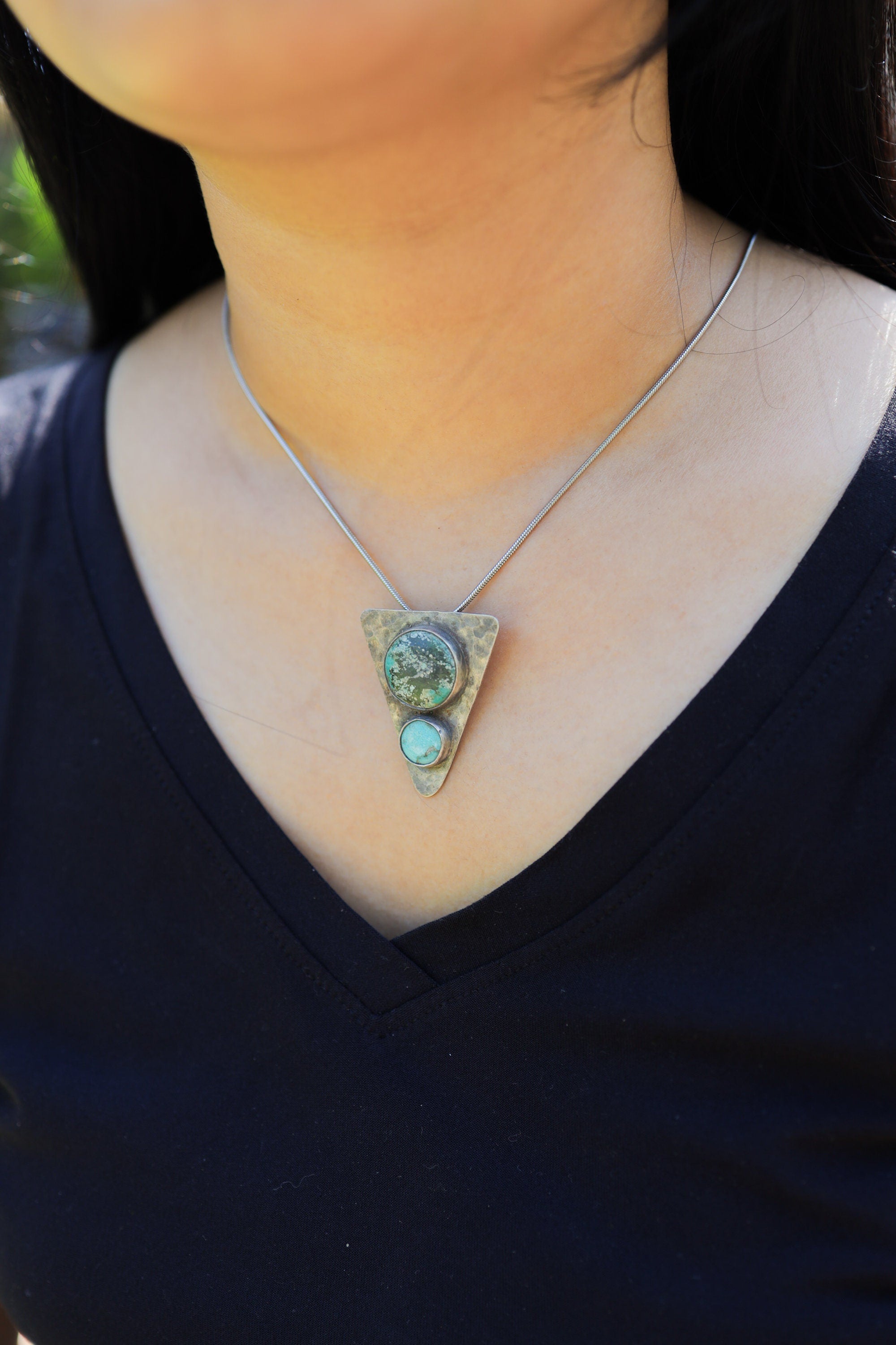 Turquoise Triangle Pendant 925 Sterling Silver Oxidized Necklace Throat Chakra Sagittarius Gift