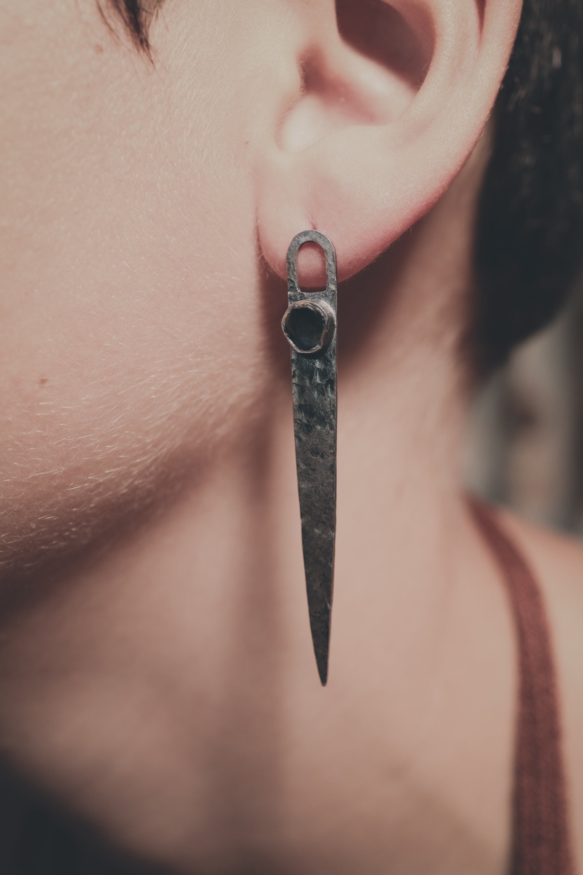 Sapphire Jewel - 925 Sterling Silver Stud Earring - Hammered Textured & Oxidized Finished - Rustic with Modern Elegance.