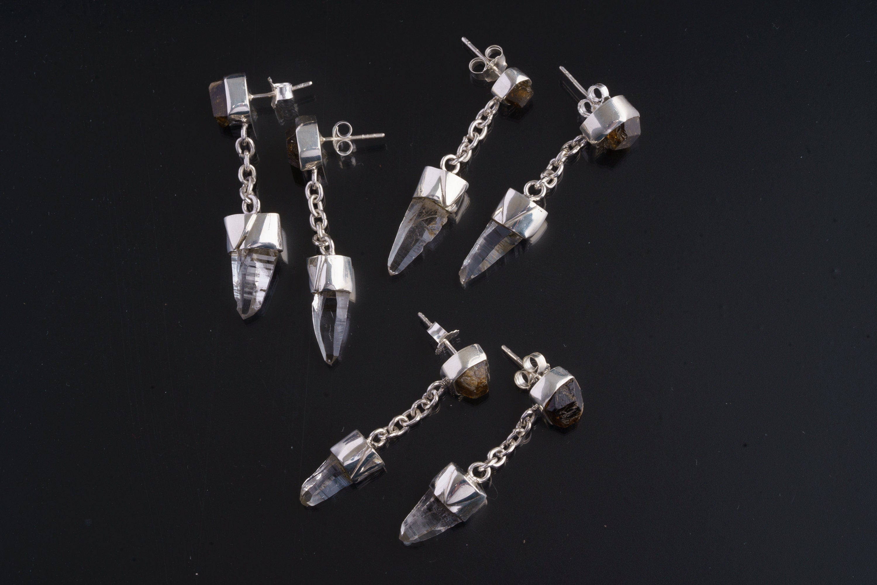 Dravite Tourmaline Clear Quartz Earrings 925 Sterling Silver Stud Drops High Shine Triangle Crown Root Chakra Gift