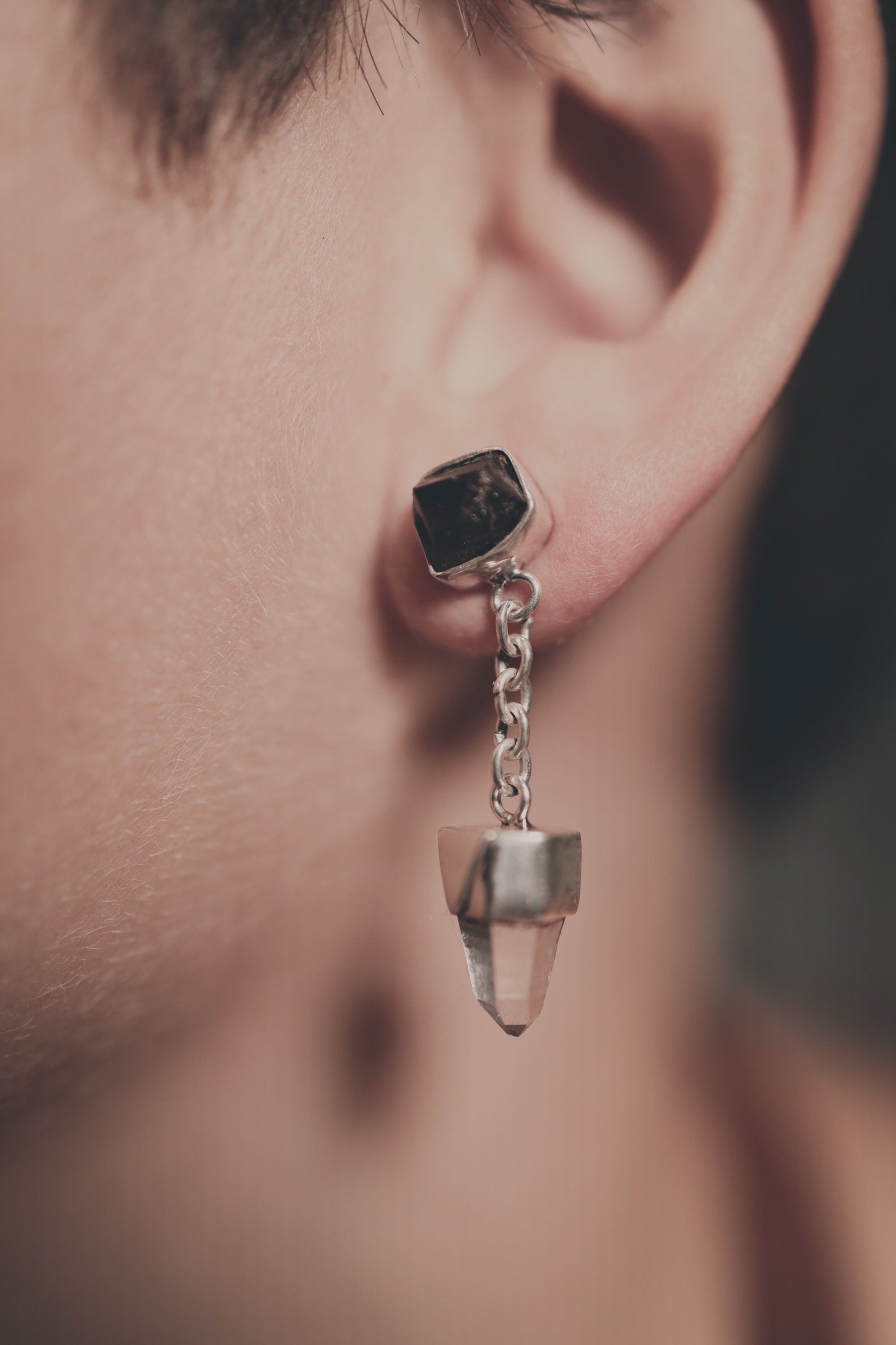 Brown Dravite Tourmaline and Clear Quartz - 925 Sterling Silver Stud Earring - Shiny and Polish Finished - Modern Elegance Jewelry