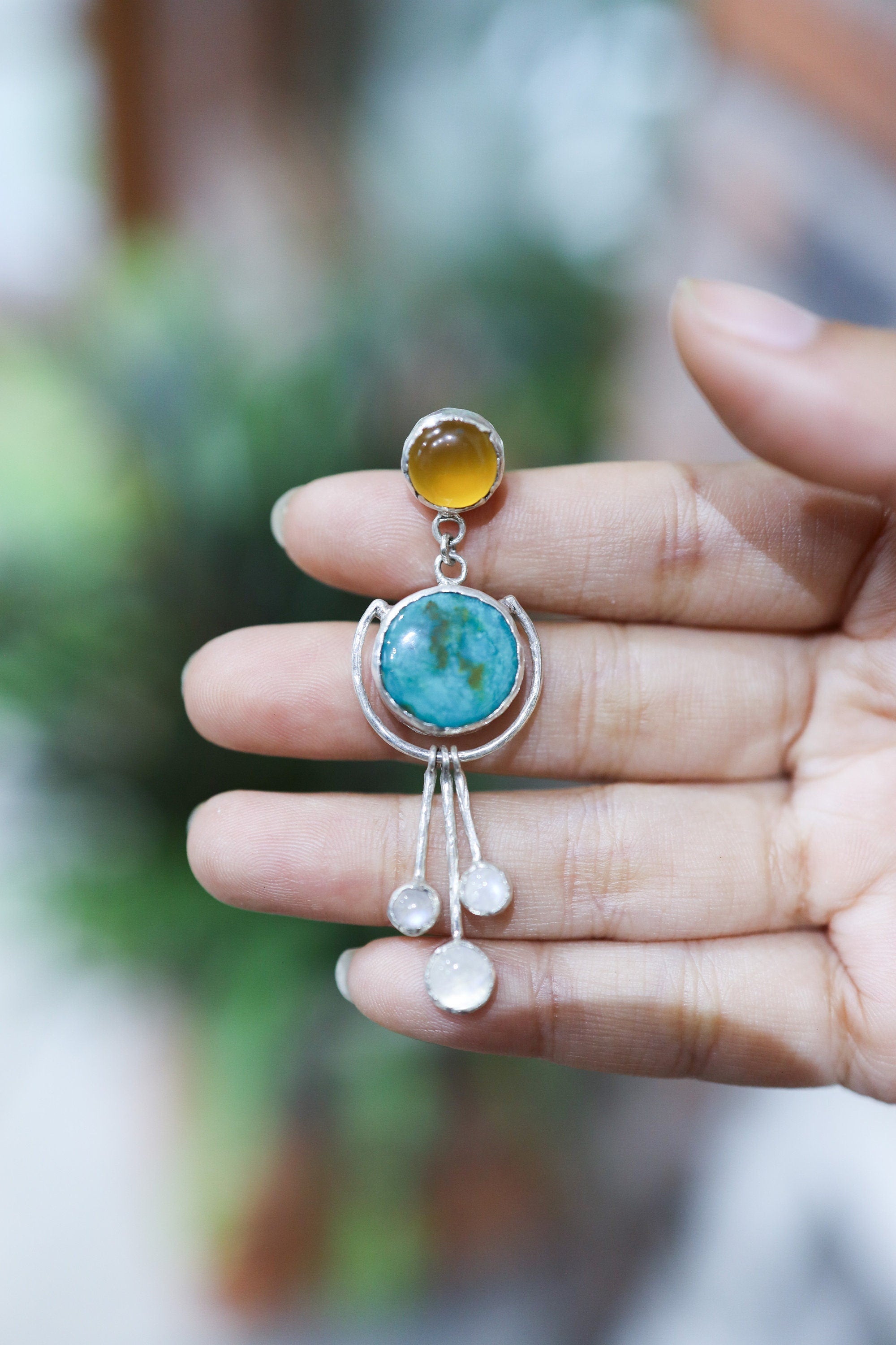 Astral Round Turquoise Pendant with Three Dangling Moonstones, Radiant Carnelian - Textured Polished Sterling Silver - Clarity & Creativity