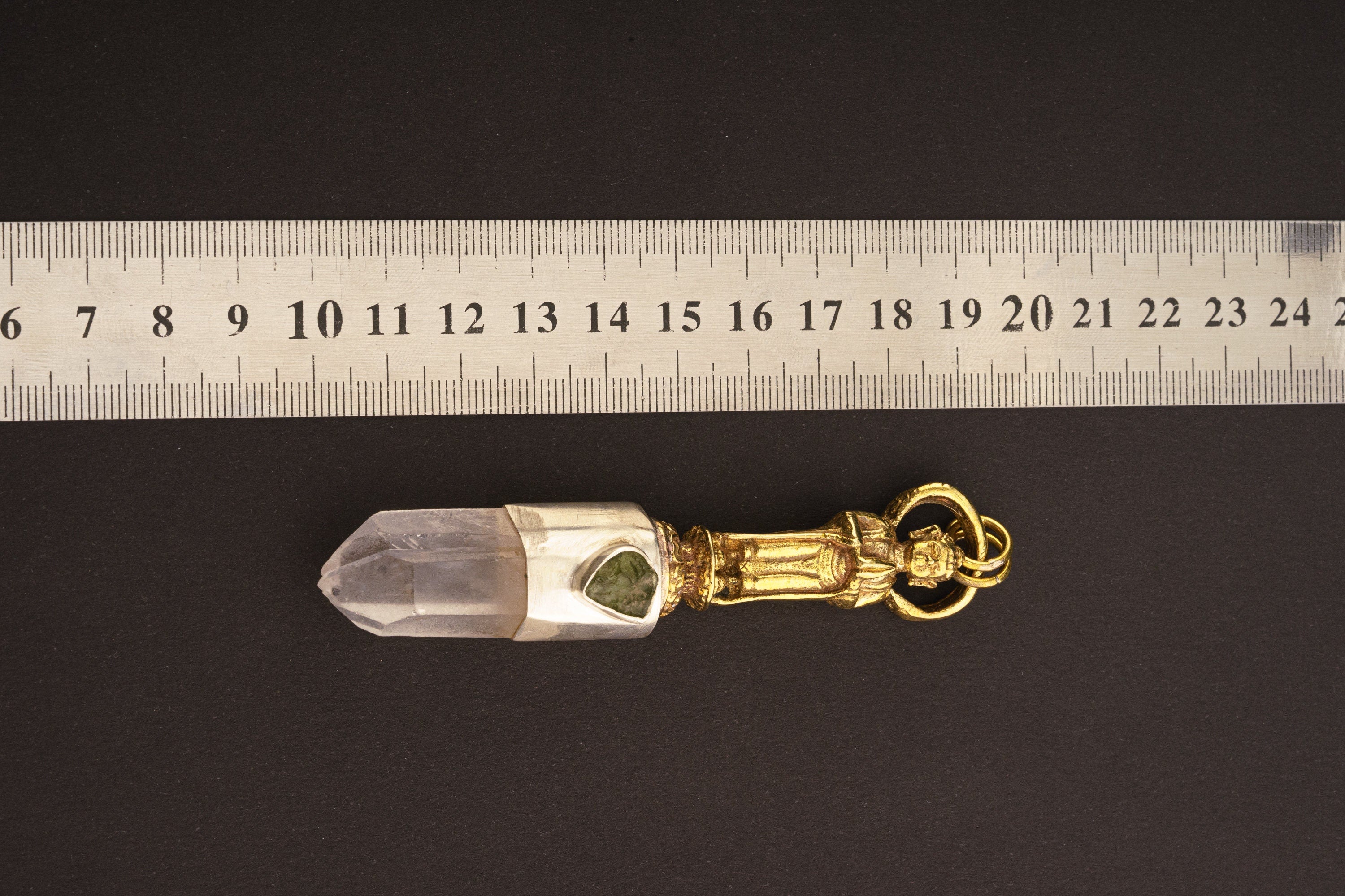 Himalayan Window Twin Quartz & Moldavite - Textured and Oxidised - Brass Cast Buddha - Crystal Pendant