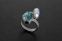 Angel Aura Quartz & Blue Gem Apatite - 925 Sterling Silver - Double Stone - Textured, High Shine Polish - Adjustable Open Ring Band