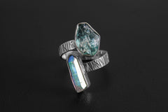 Angel Aura Quartz & Blue Gem Apatite - 925 Sterling Silver - Double Stone - Textured, High Shine Polish - Adjustable Open Ring Band