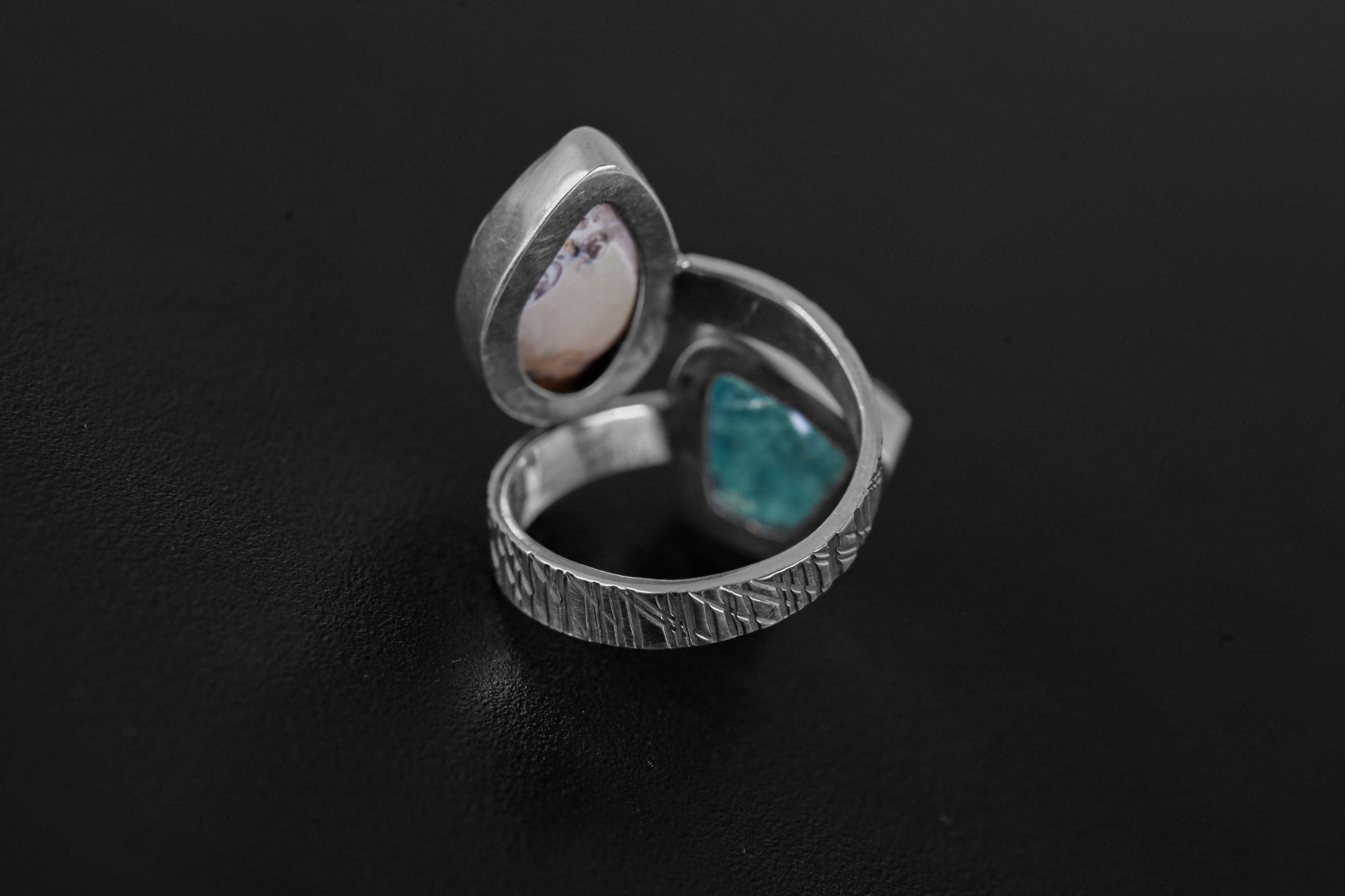 Blue Gem Apatite & Drusy Fossil Shell - 925 Sterling Silver - Double Stone - Textured, High Shine Polish - Adjustable Open Ring Band