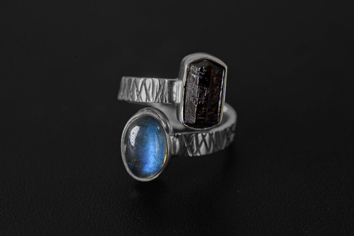 Dt Black Tourmaline & Blue Moonstone - 925 Sterling Silver - Double Stone - Textured, High Shine Polish - Adjustable Open Ring Band