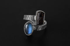 Dt Black Tourmaline & Blue Moonstone - 925 Sterling Silver - Double Stone - Textured, High Shine Polish - Adjustable Open Ring Band