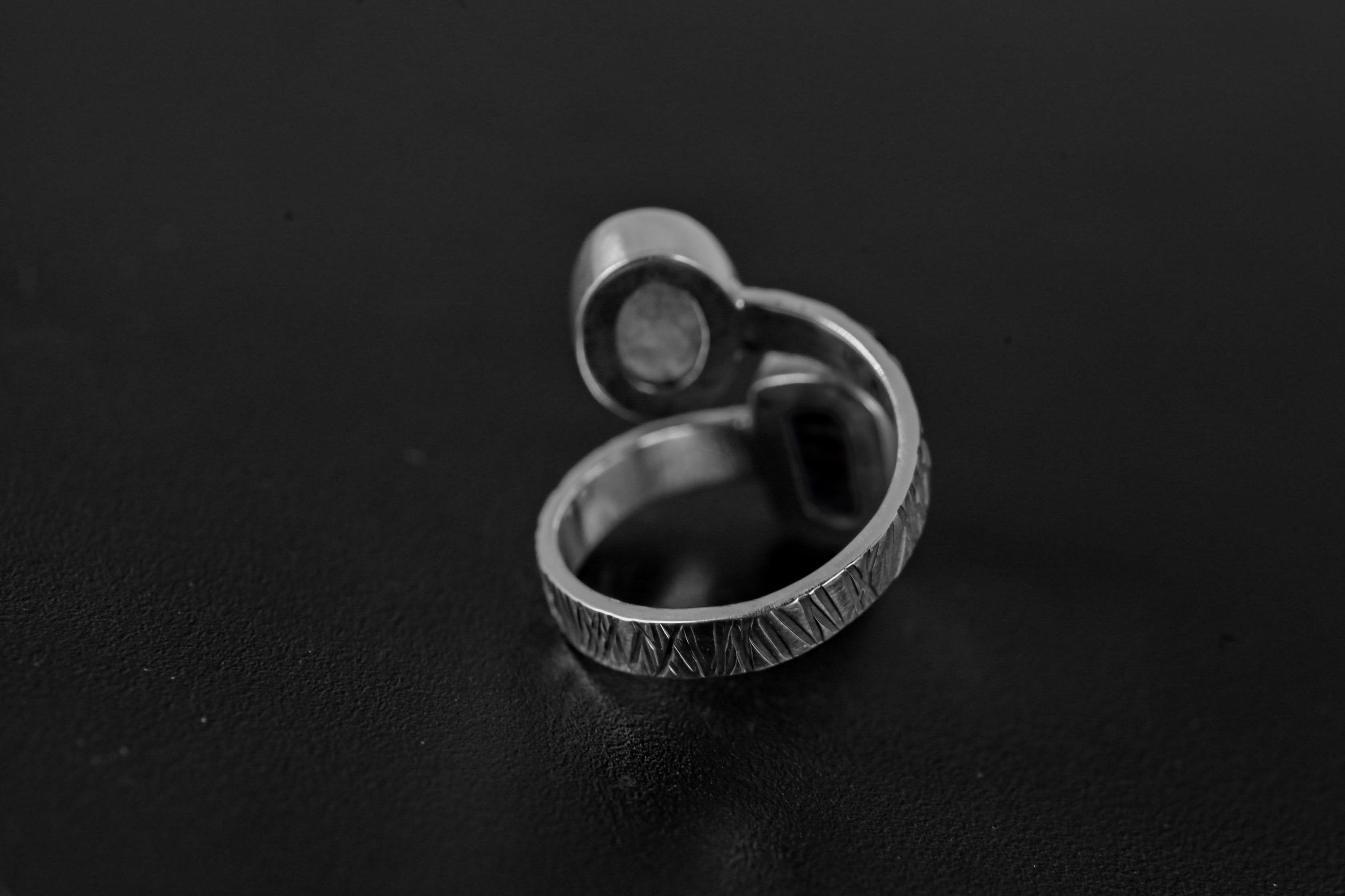 Dt Black Tourmaline & Blue Moonstone - 925 Sterling Silver - Double Stone - Textured, High Shine Polish - Adjustable Open Ring Band