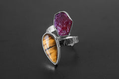 Double Stone Ring: Raw Ruby, Tiger's Eye, Sterling Silver Adjustable Band