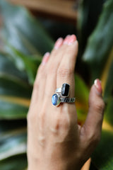Dt Black Tourmaline & Blue Moonstone - 925 Sterling Silver - Double Stone - Textured, High Shine Polish - Adjustable Open Ring Band