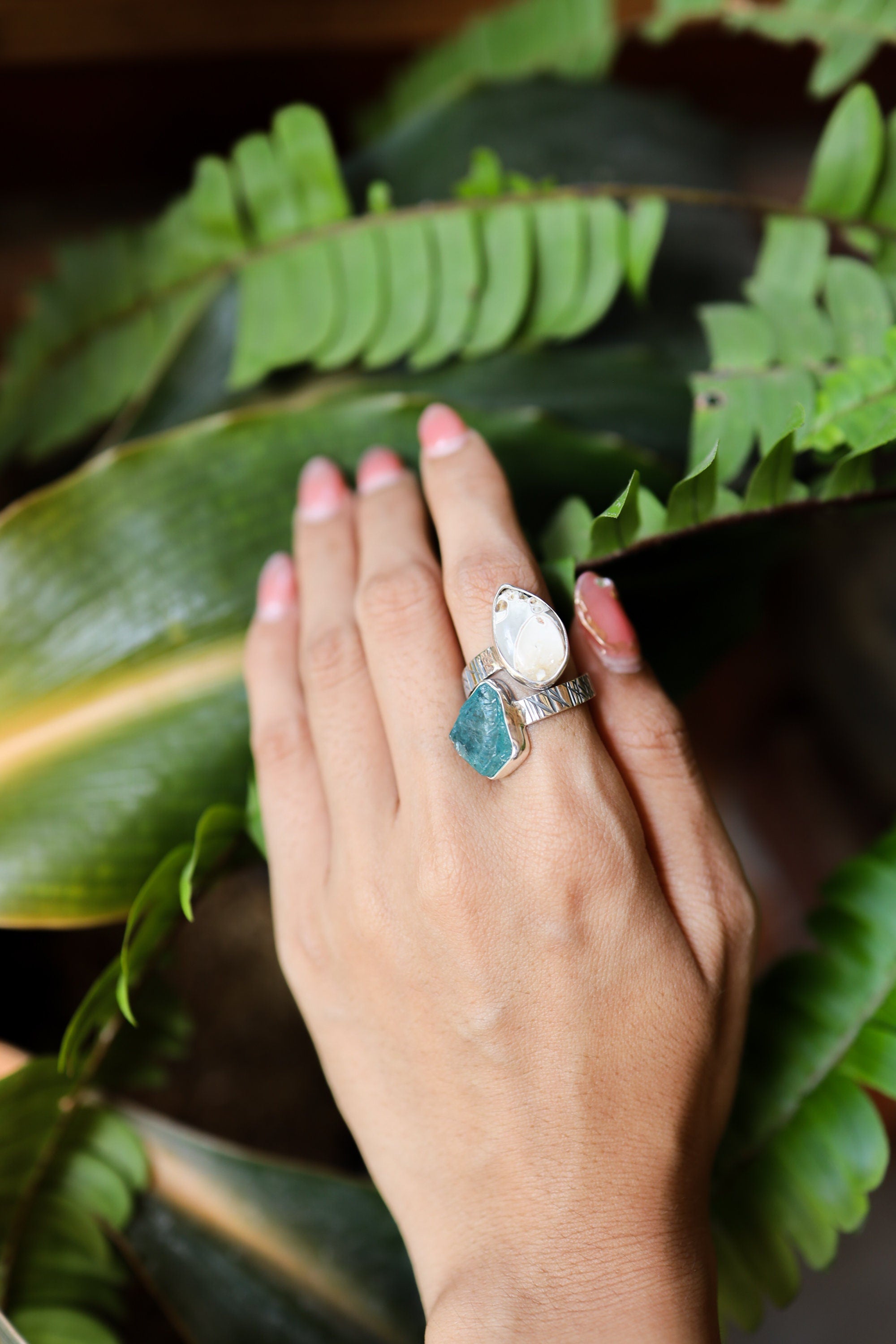 Blue Gem Apatite & Drusy Fossil Shell - 925 Sterling Silver - Double Stone - Textured, High Shine Polish - Adjustable Open Ring Band
