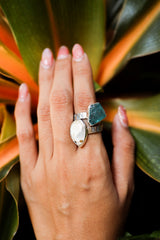 Blue Gem Apatite & Drusy Fossil Shell - 925 Sterling Silver - Double Stone - Textured, High Shine Polish - Adjustable Open Ring Band