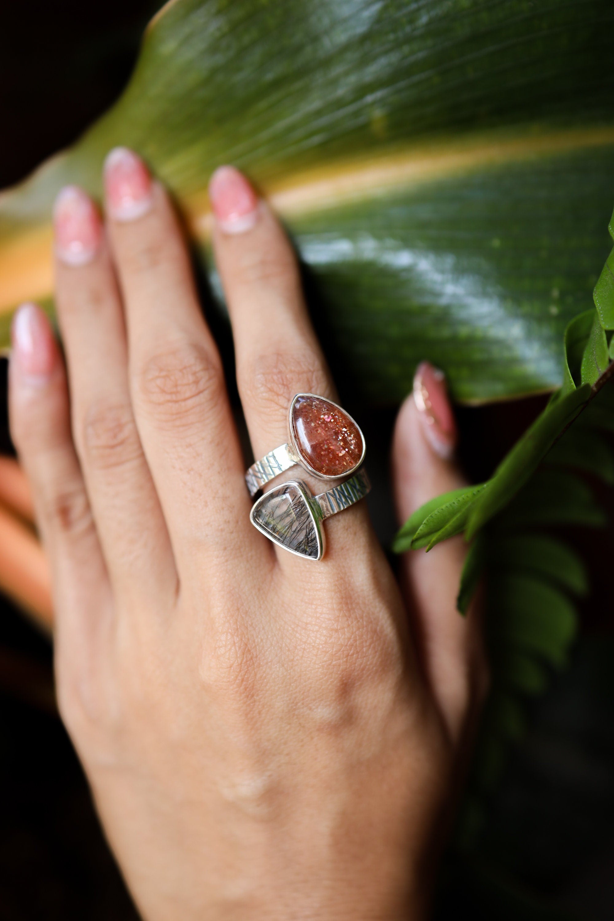 Black Rutile Quartz & Sunstone Teardrop - 925 Sterling Silver - Double Stone - Textured, High Shine Polish - Adjustable Open Ring Band