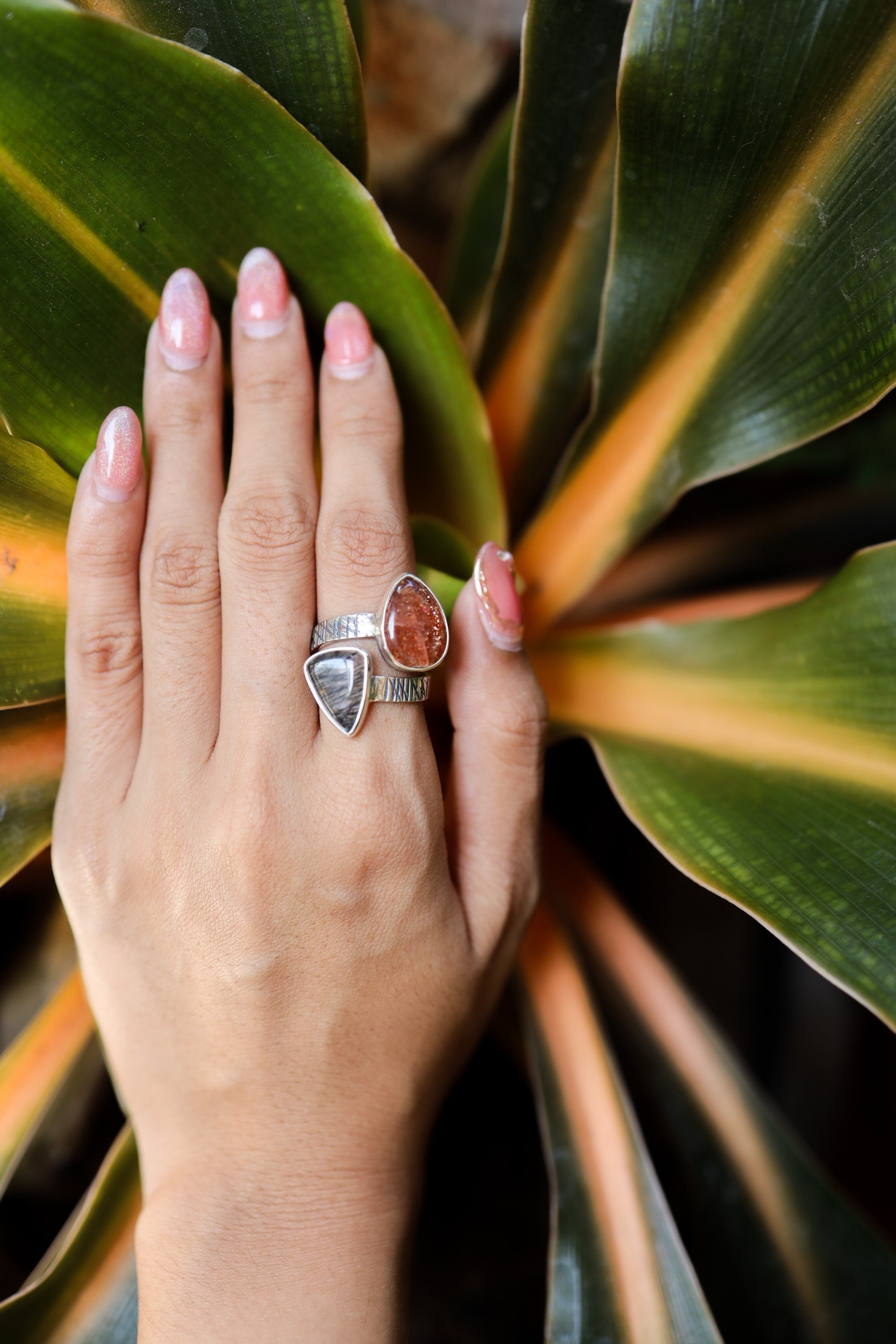Black Rutile Quartz & Sunstone Teardrop - 925 Sterling Silver - Double Stone - Textured, High Shine Polish - Adjustable Open Ring Band
