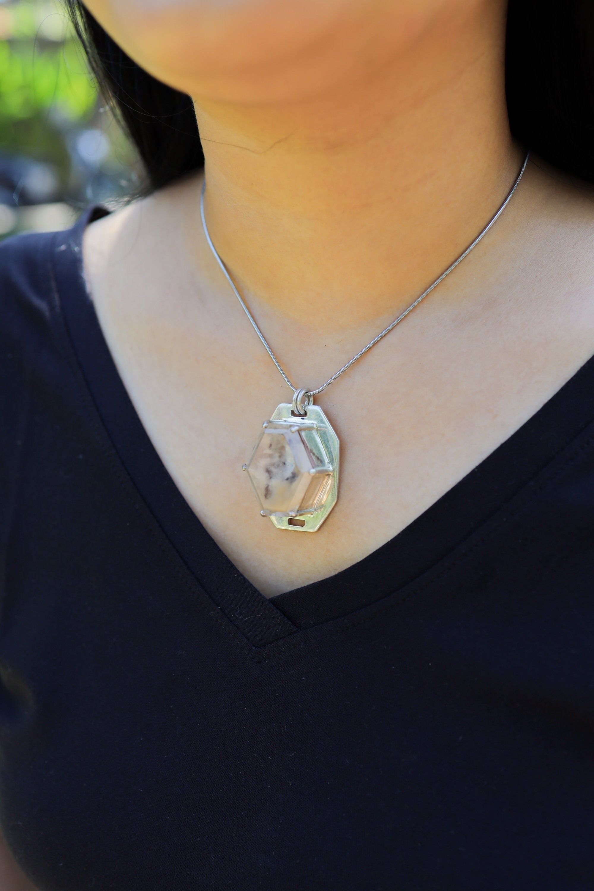 Madagascar Inclusion Quartz Pendant 925 Sterling Silver Faceted Crystal Necklace Crown Third Eye Chakra Gift