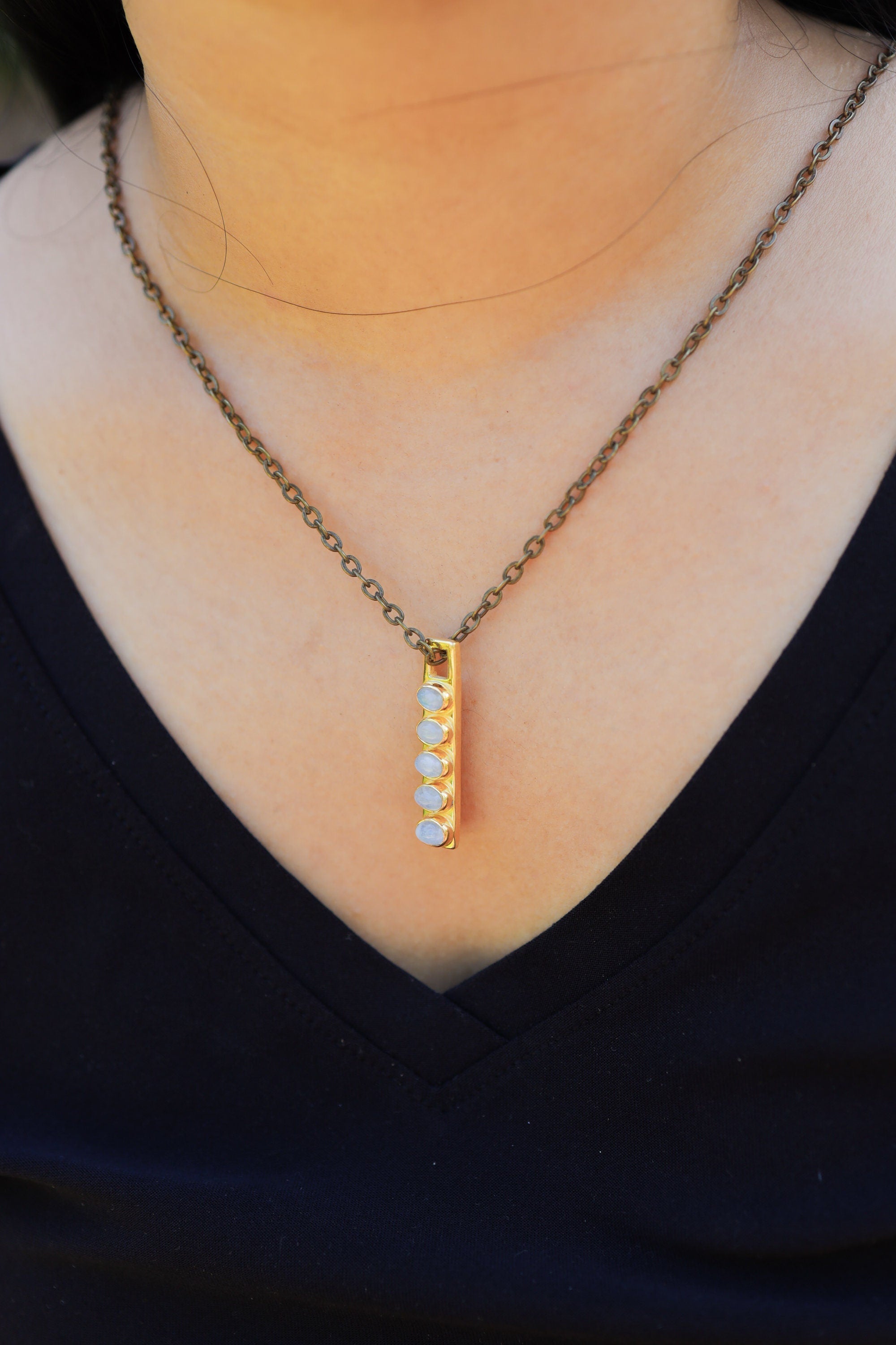 Five Blue Moonstone - Antique Gold Toned Brass - Flat Pendant - Inspiration, Success, and Good Fortune Stone