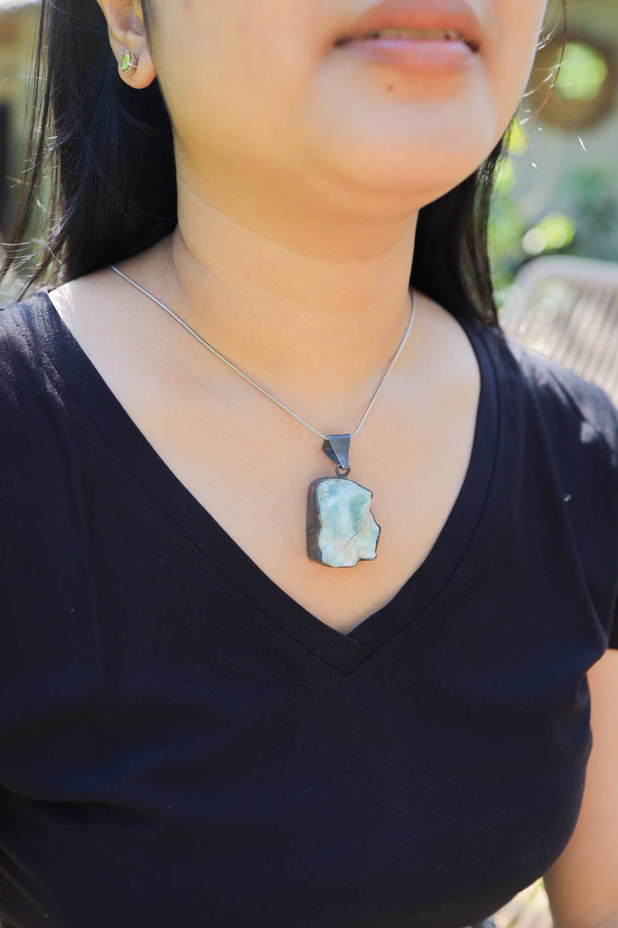 Large Larimar - Oxidised & Brushed Sterling Silver - Strong Triangle Bezel Setting - Crystal Pendant