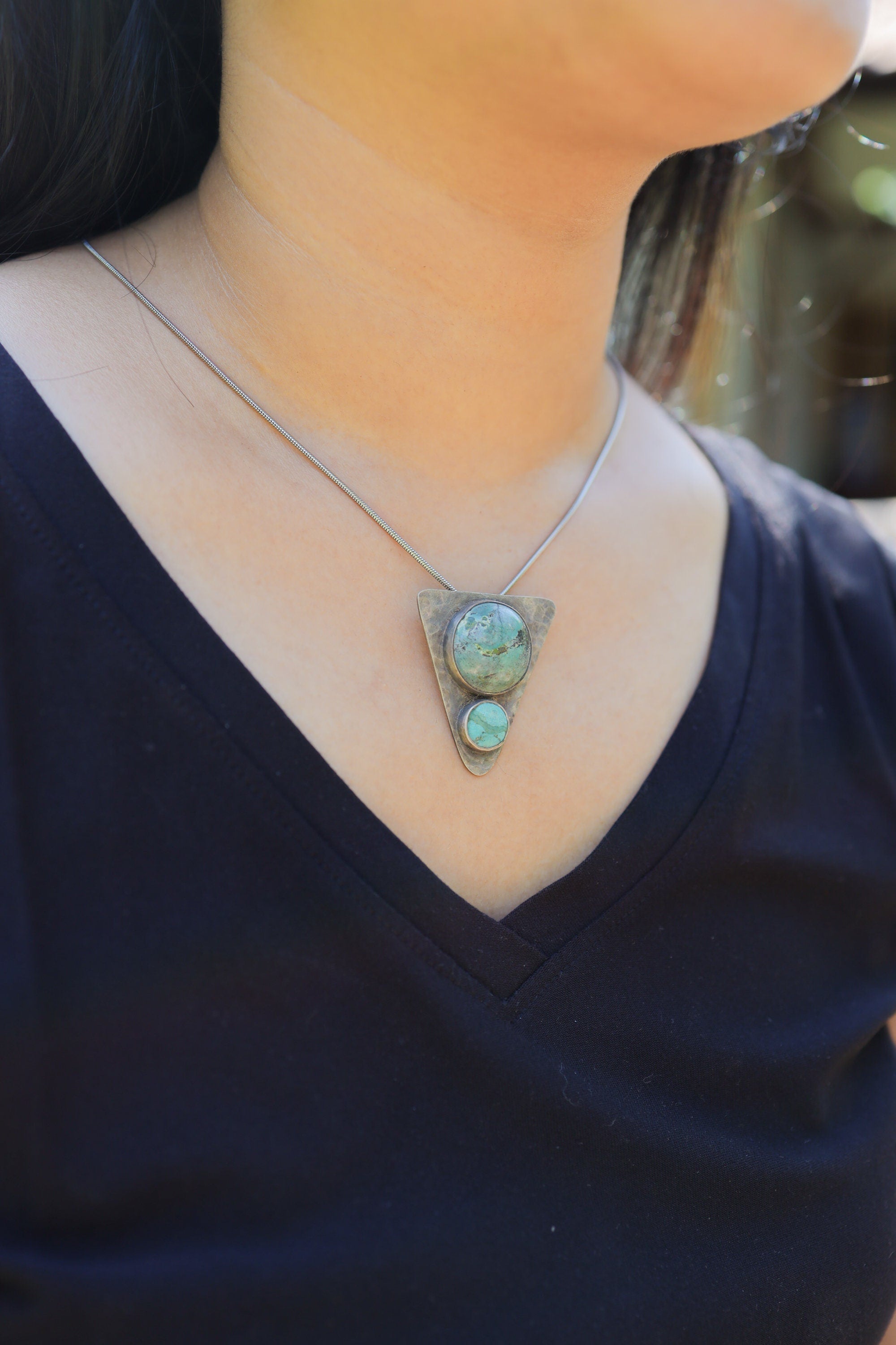 Hammered Turquoise Triangle Pendant: Oxidized Sterling Silver, Calming Chakra