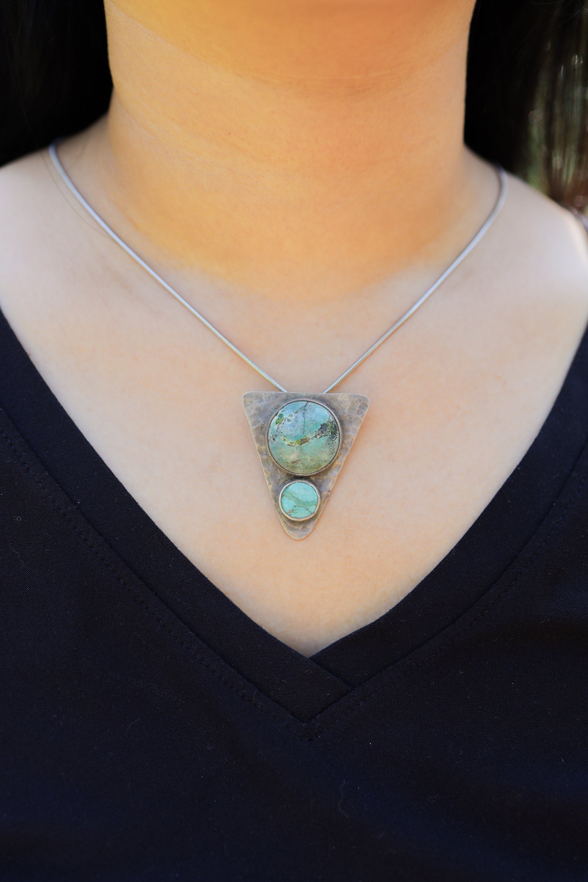 Hammered Turquoise Triangle Pendant: Oxidized Sterling Silver, Calming Chakra
