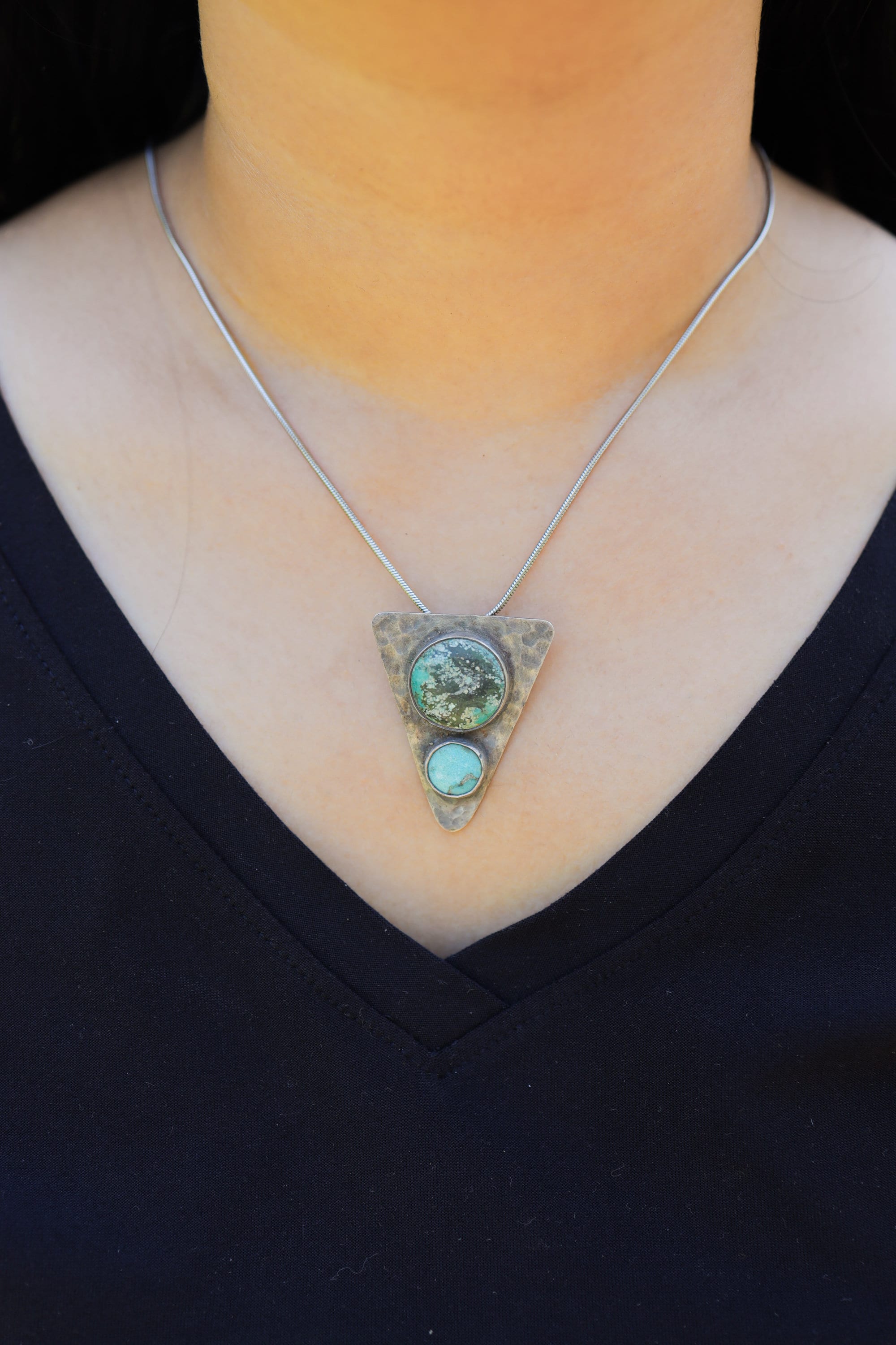Hammered Turquoise Triangle Pendant: Oxidized Sterling Silver, Calming Chakra