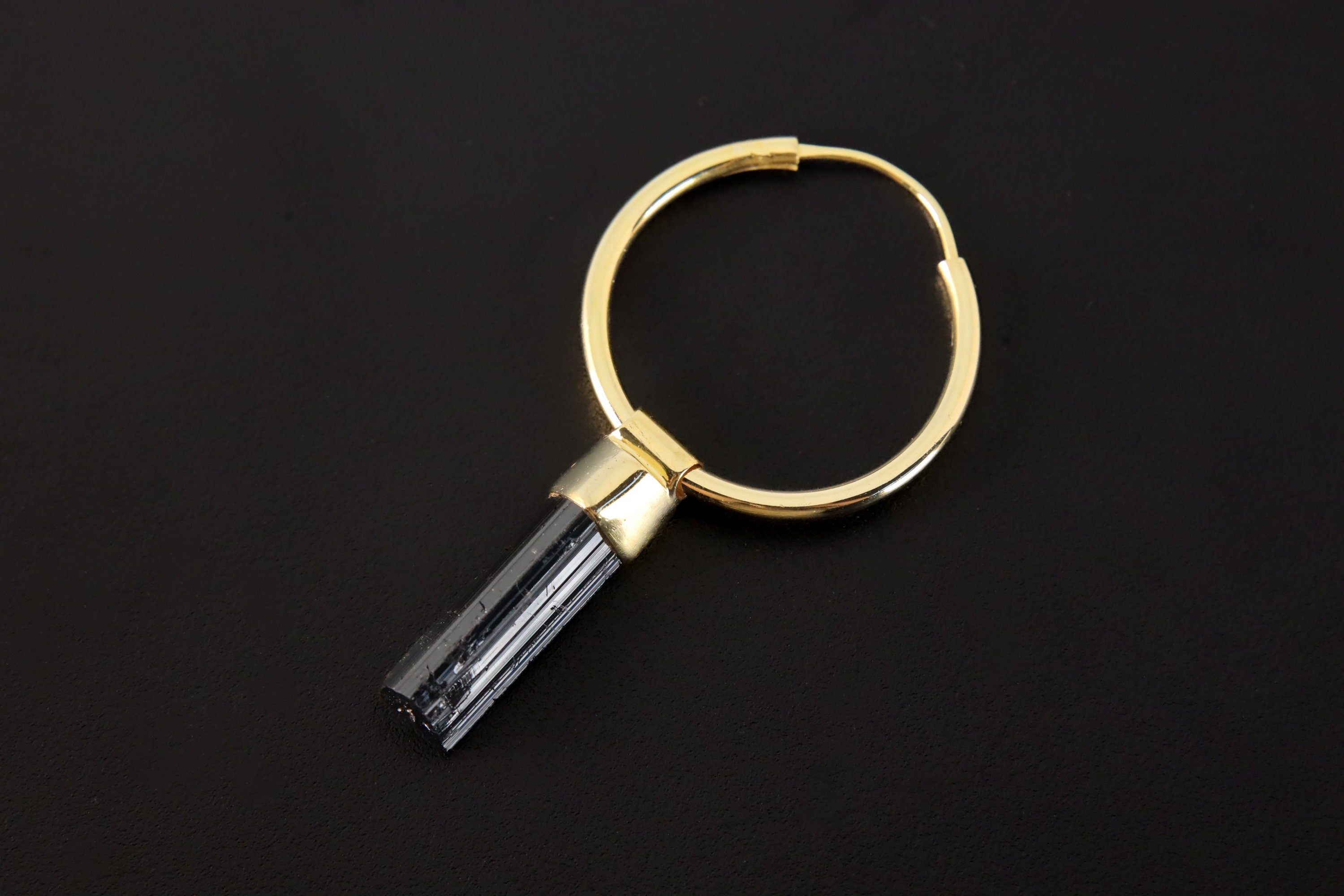 Raw Black Tourmaline Wands, Gold Plated Sterling Silver, Large Dangle Hoop Crystal Earring Pair - Healing, Chakra, Unique Gift