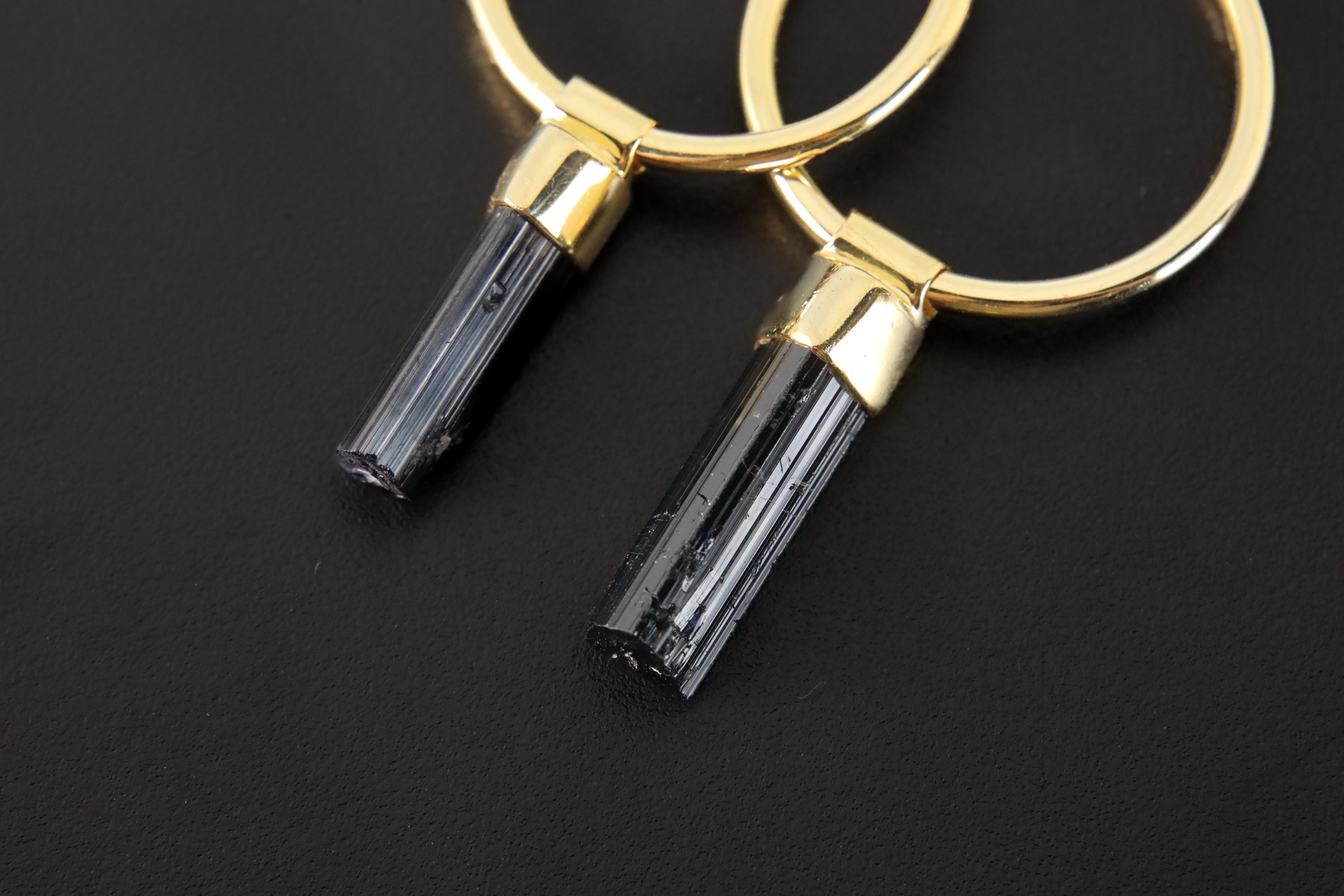 Raw Black Tourmaline Wands, Gold Plated Sterling Silver, Large Dangle Hoop Crystal Earring Pair - Healing, Chakra, Unique Gift