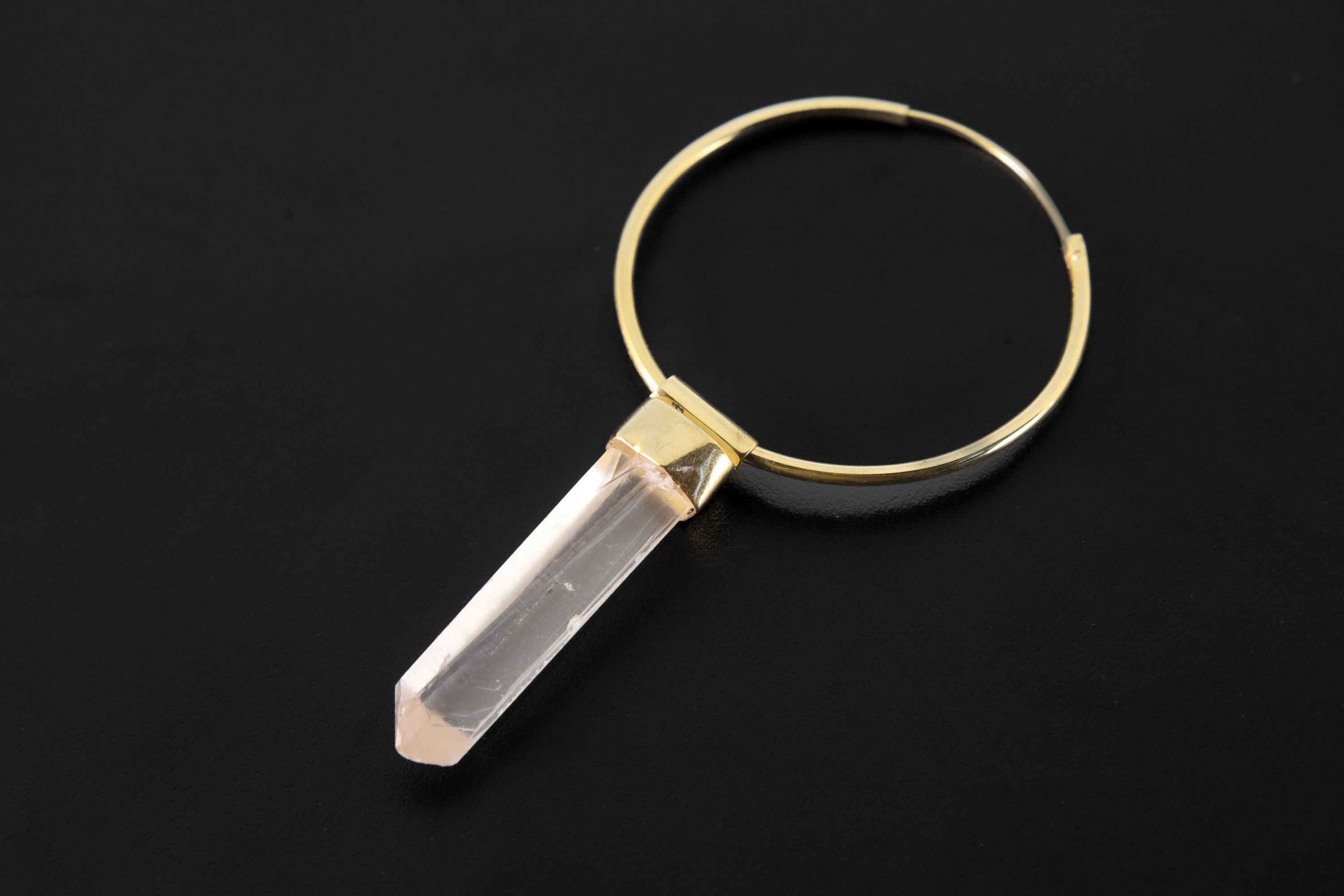 Single Australian Clear Lemurian Quartz Dangle Hoop Earring, Gold Plated Sterling Silver Clarity and Focus Crown Chakra Jewelry Unique Gift