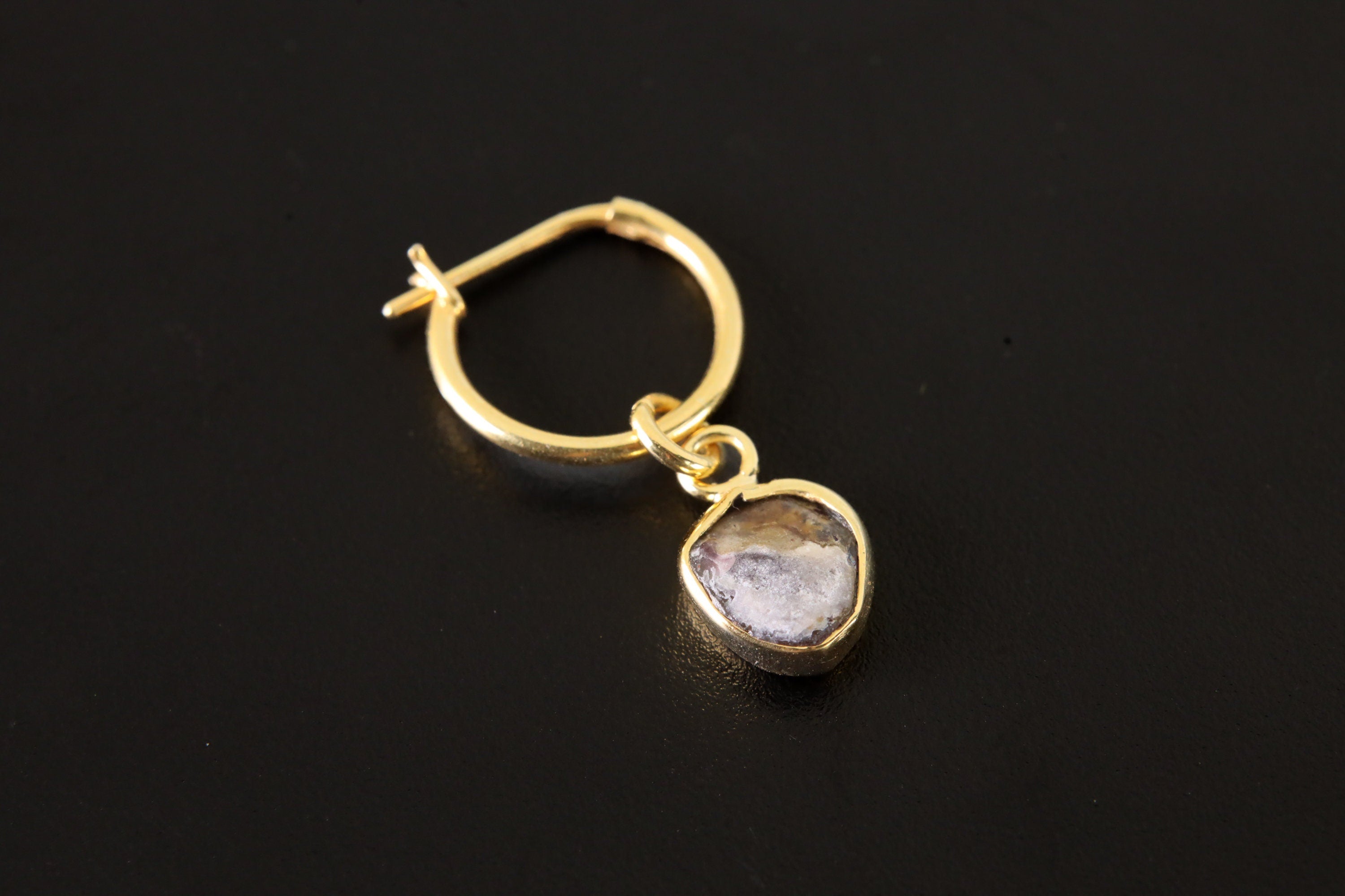 Single One Small Gem Slice of Watermelon Tourmaline, Gold Plated Sterling Silver, Dangle Hoop Crystal Earring - Healing, Chakra, Unique Gift