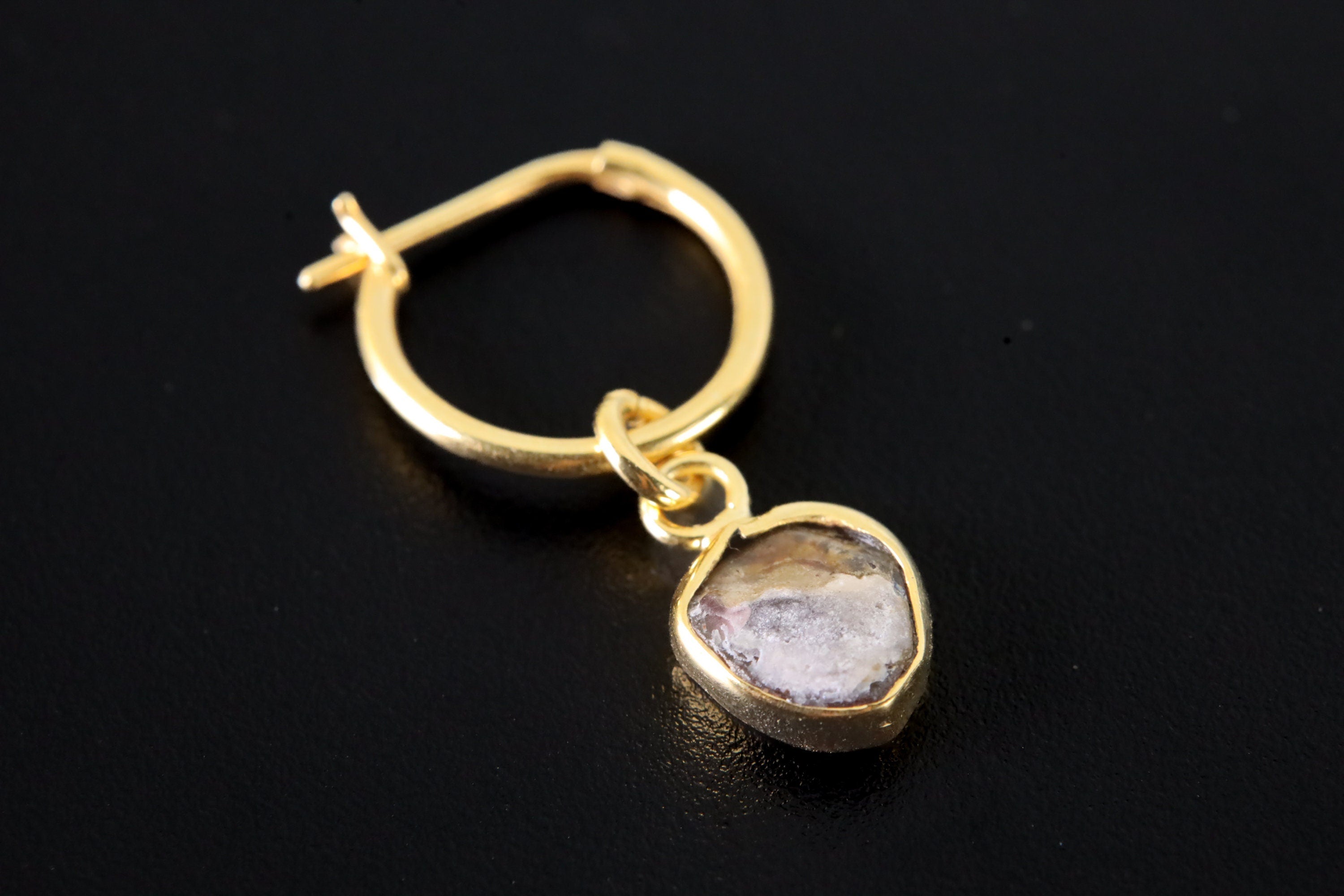 Single One Small Gem Slice of Watermelon Tourmaline, Gold Plated Sterling Silver, Dangle Hoop Crystal Earring - Healing, Chakra, Unique Gift