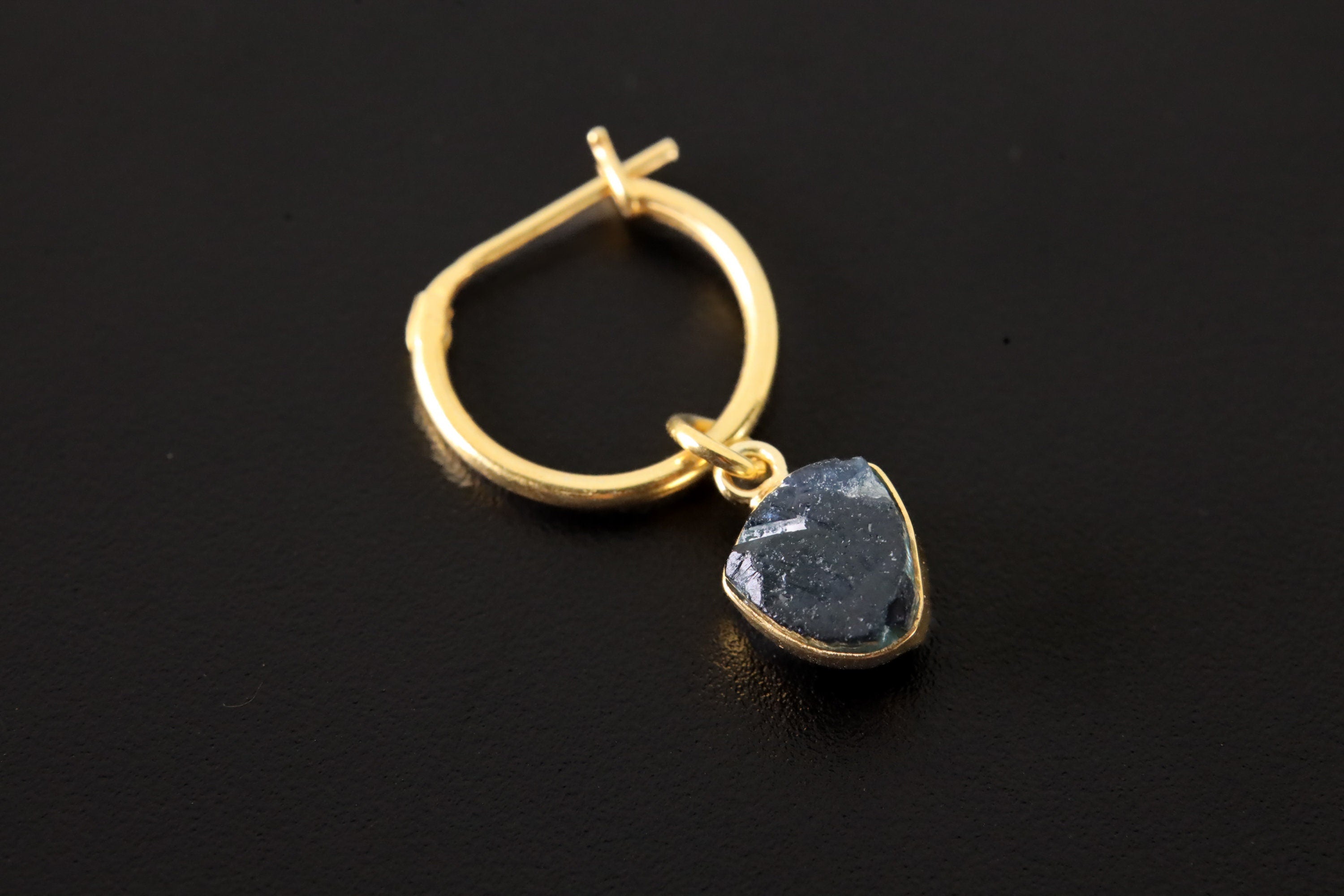 Single Piece Small Slice Raw Blue Gem Tourmaline, Gold Plated Sterling Silver, Dangle Hoop Crystal Earring - Healing, Chakra, Unique Gift