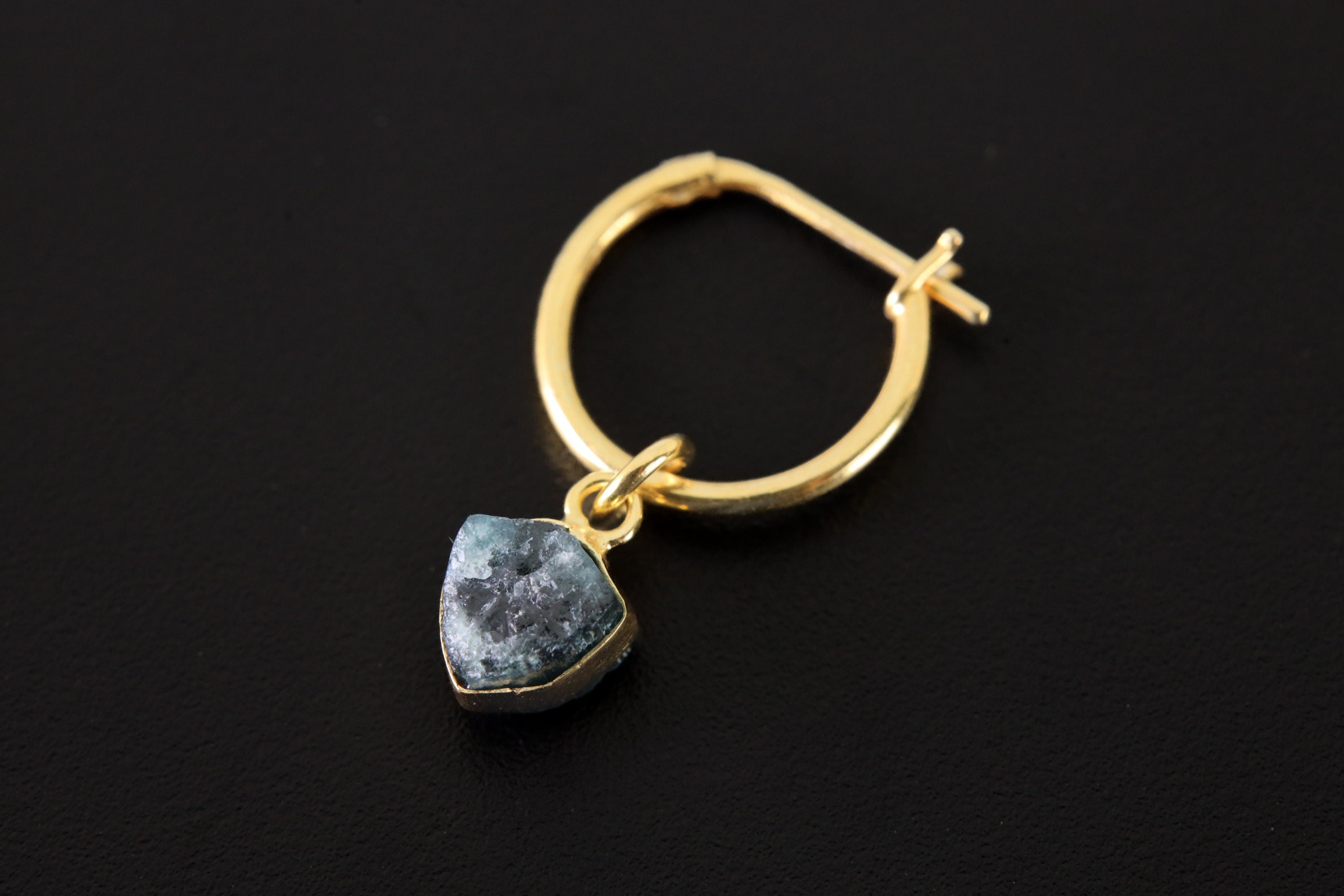 Single Small Slice of Gemmy Blue Tourmaline, Gold Plated Sterling Silver, Dangle Hoop Crystal Earring - Healing, Chakra, Unique Gift