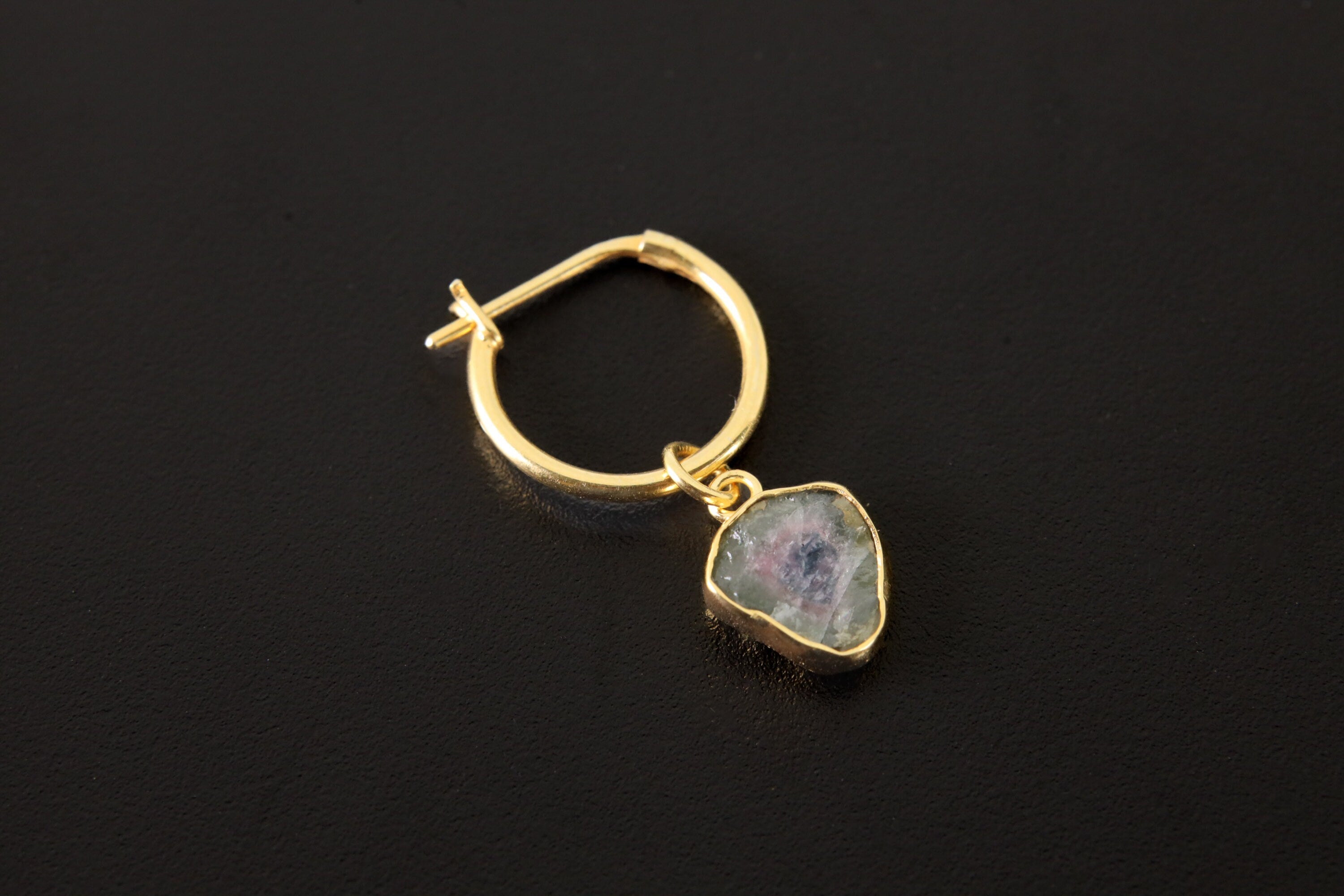Single Piece Small Slice of Gemmy Watermelon Tourmaline Dangle Hoop Earring, Gold Plated Sterling Silver, Healing Crystal, Unique Gift