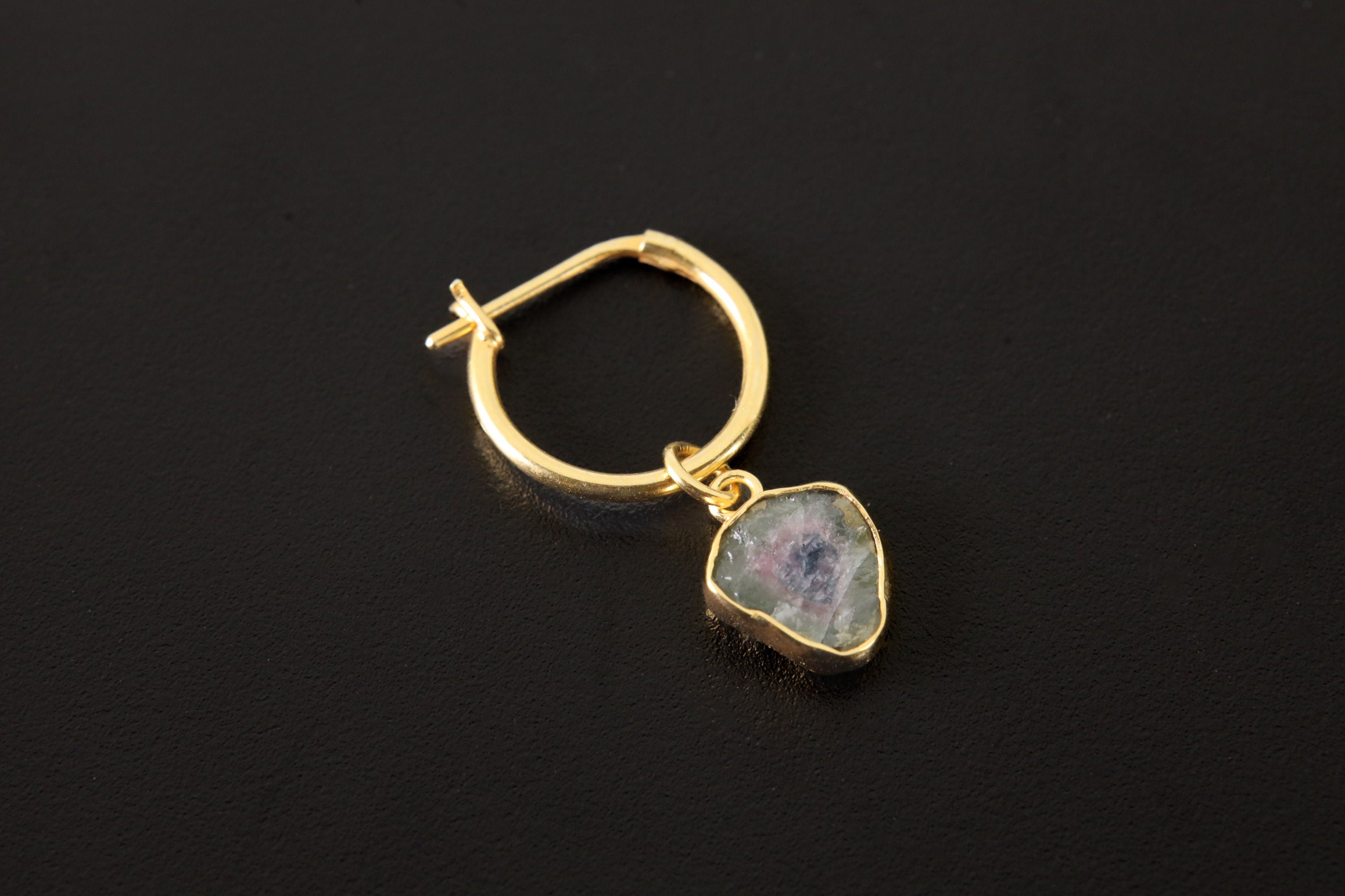 Watermelon Tourmaline Dangle Hoop Earring Gold Plated Silver Single Piece Heart Healing Talisman