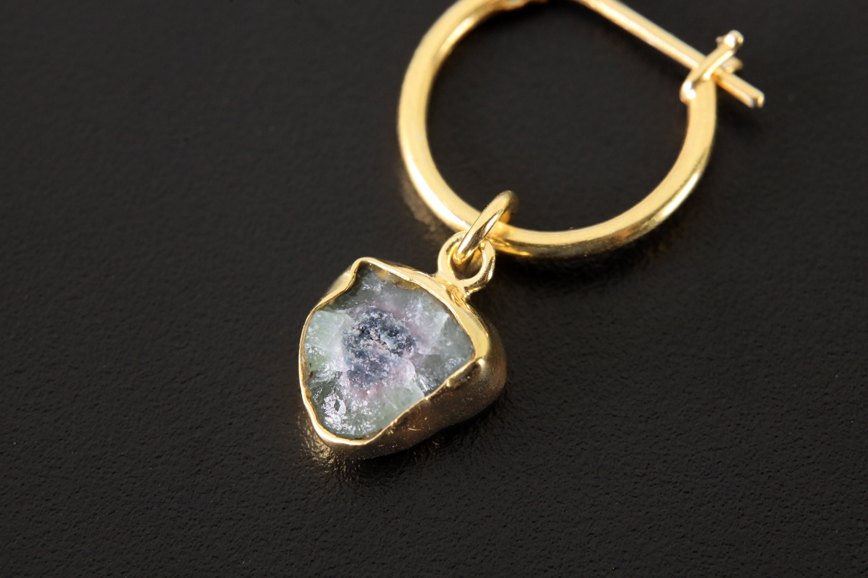 Watermelon Tourmaline Dangle Hoop Earring Gold Plated Silver Single Piece Heart Healing Talisman