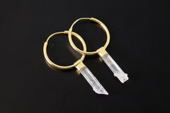 Australian Clear Gem Aquamarine, Gold Plated Sterling Silver, Large Dangle Hoop Crystal Earring Pair - Healing, Chakra, Gift
