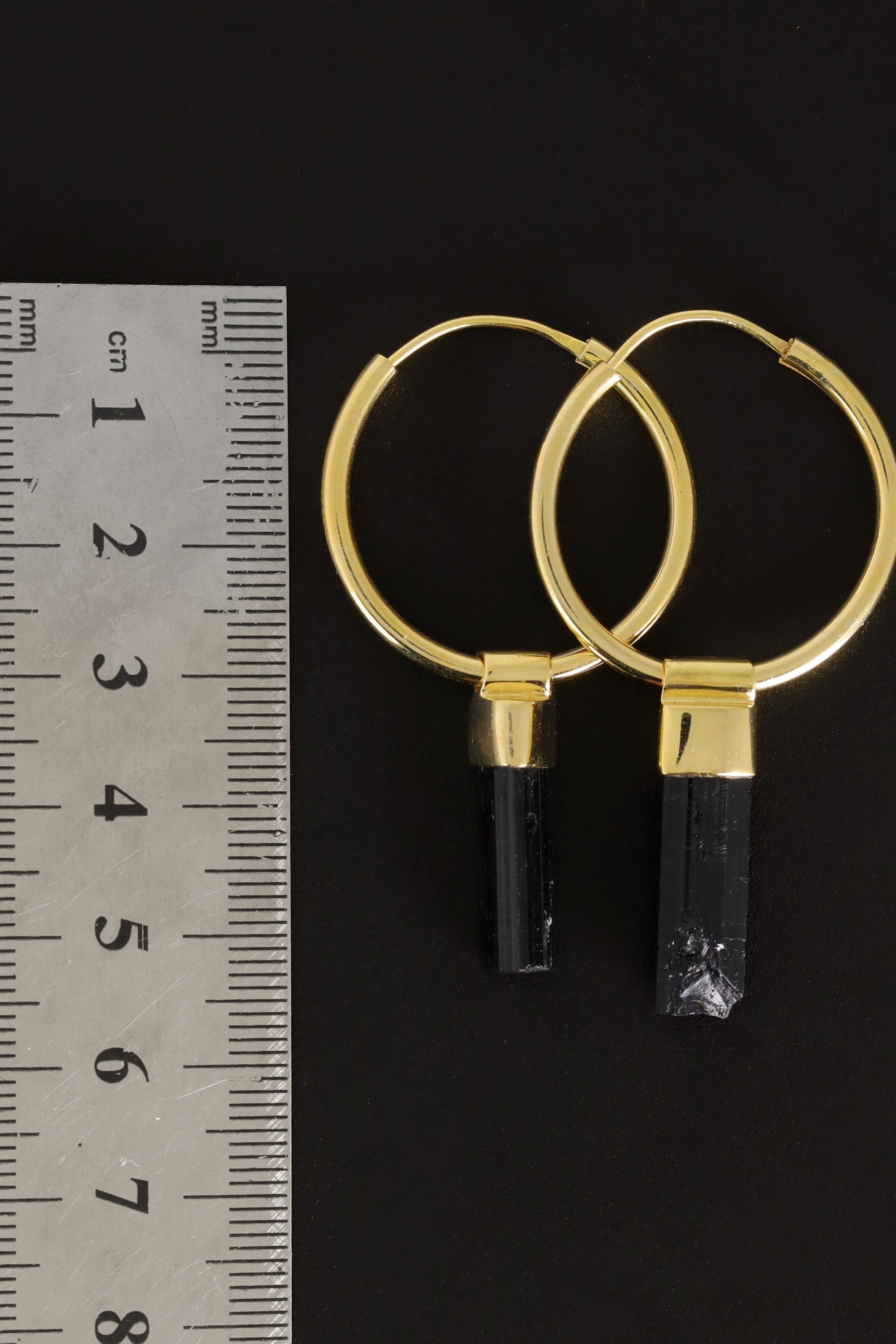 Raw Black Tourmaline Wands, Gold Plated Sterling Silver, Large Dangle Hoop Crystal Earring Pair - Healing, Chakra, Unique Gift