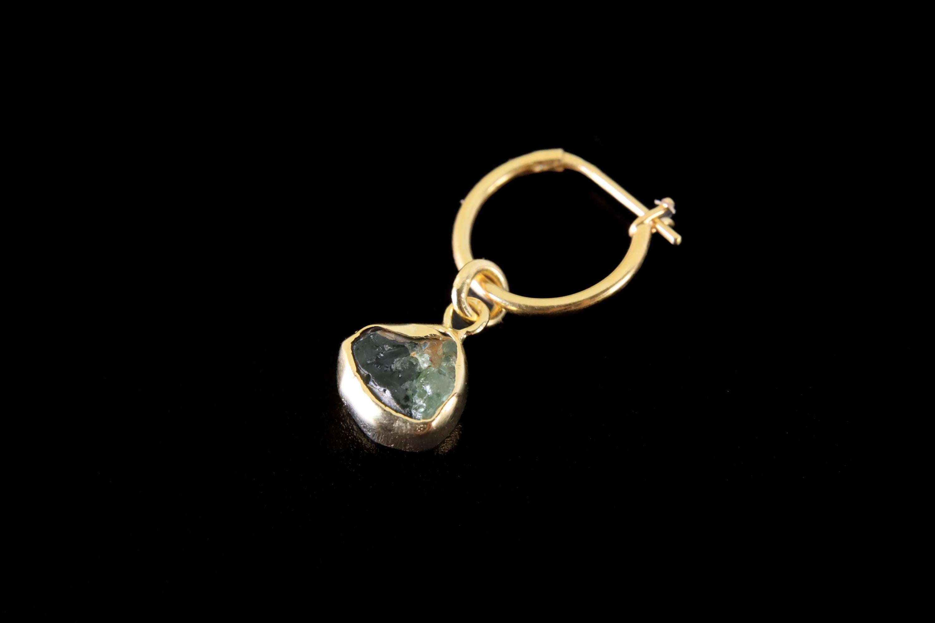 Single Small Slice Green Tourmaline Dangle Hoop Earring, Gold Plated Sterling Silver, Emotional Healing, Heart Chakra Jewelry