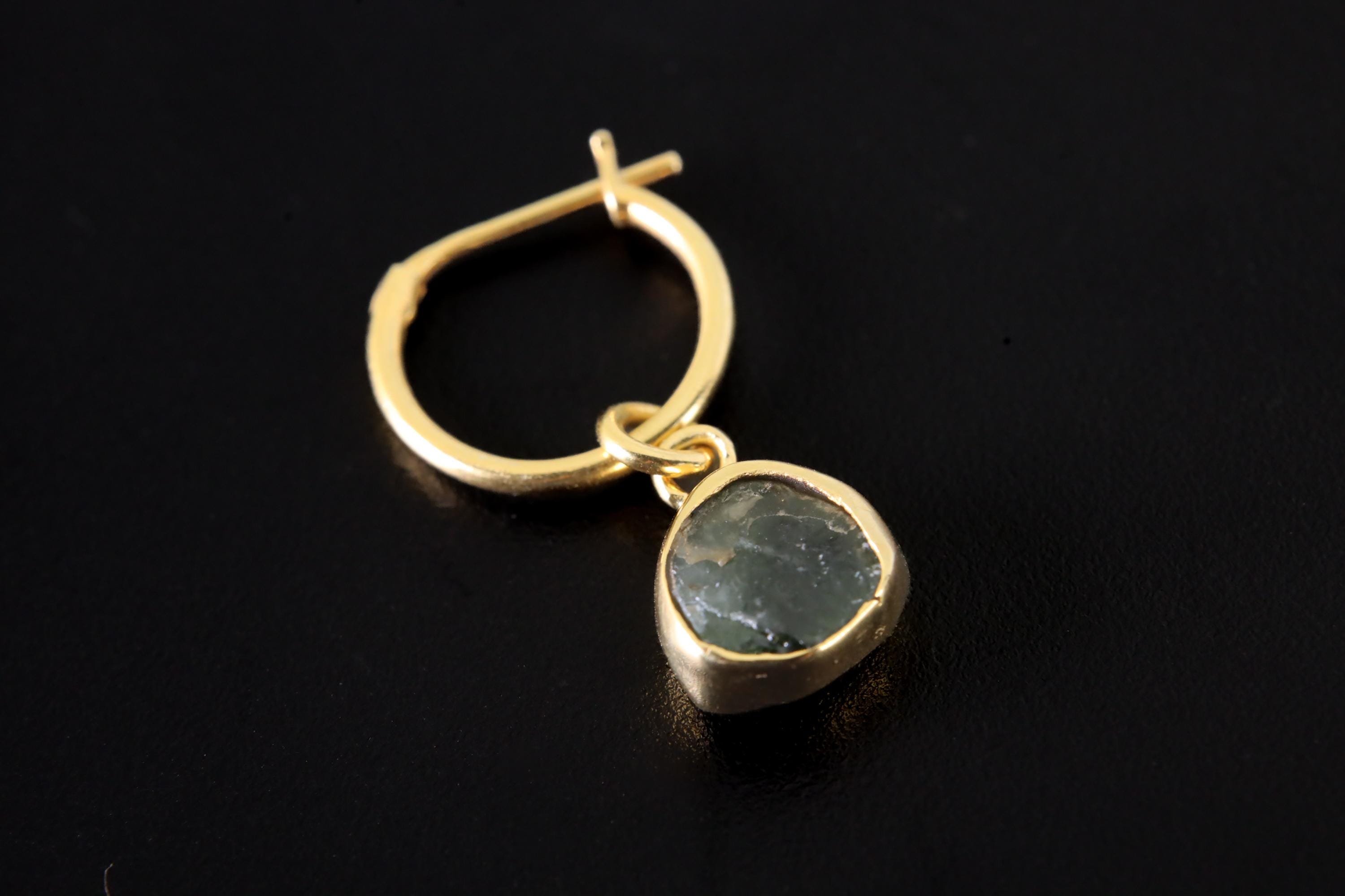 Single Small Slice Green Tourmaline Dangle Hoop Earring, Gold Plated Sterling Silver, Emotional Healing, Heart Chakra Jewelry