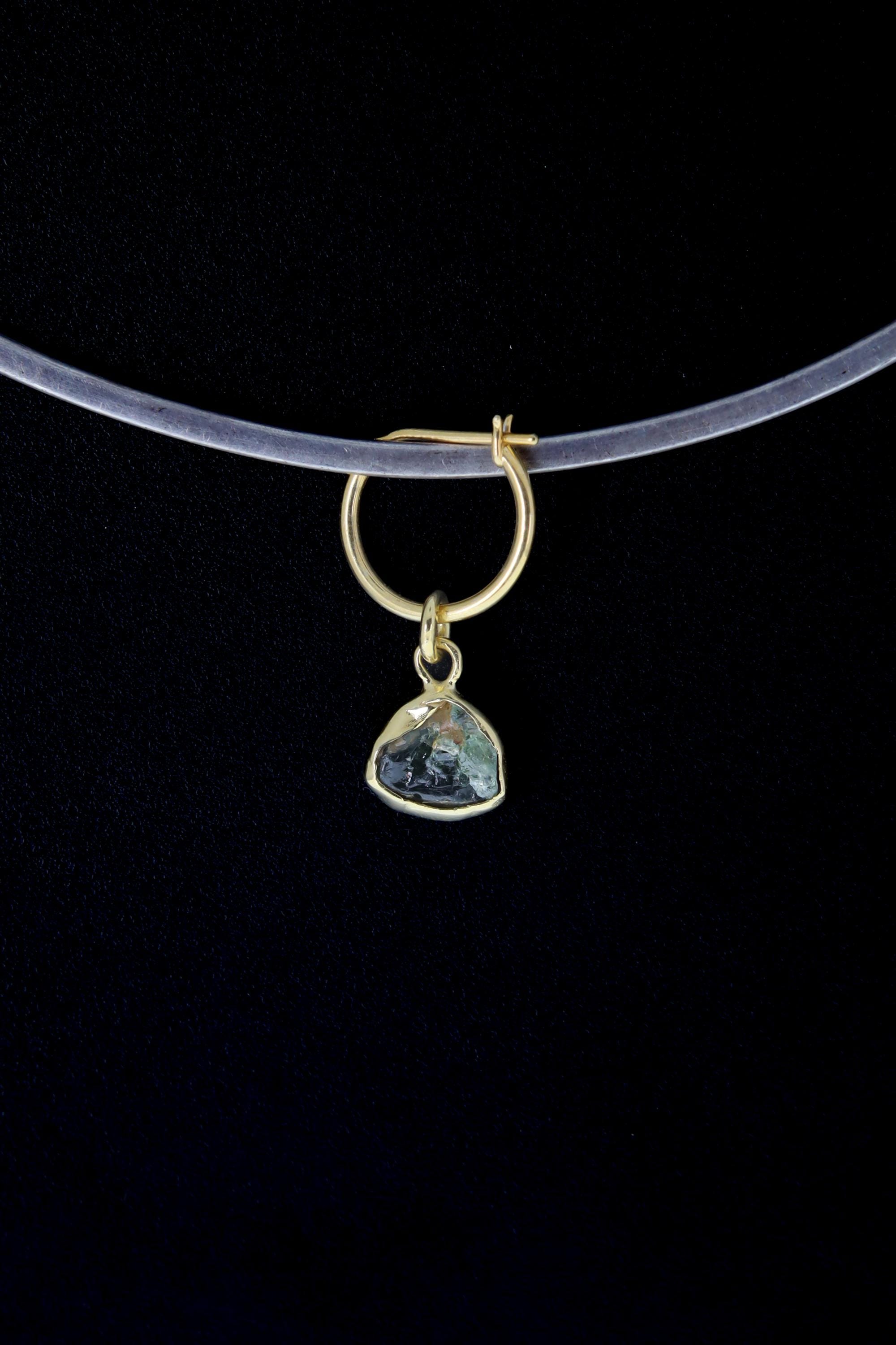 Single Small Slice Green Tourmaline Dangle Hoop Earring, Gold Plated Sterling Silver, Emotional Healing, Heart Chakra Jewelry