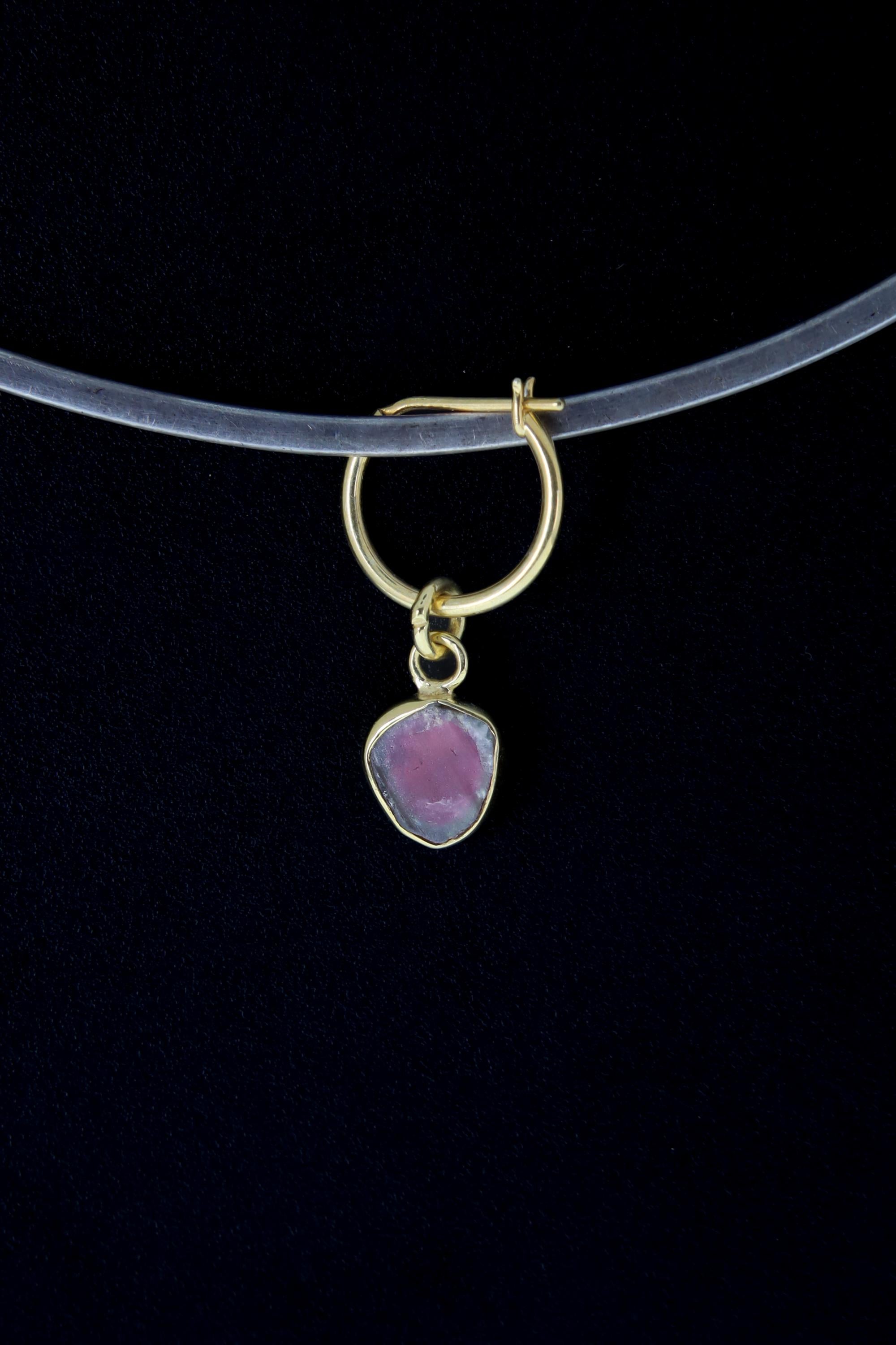 Single One Small Gem Slice of Watermelon Tourmaline, Gold Plated Sterling Silver, Dangle Hoop Crystal Earring - Healing, Chakra, Unique Gift