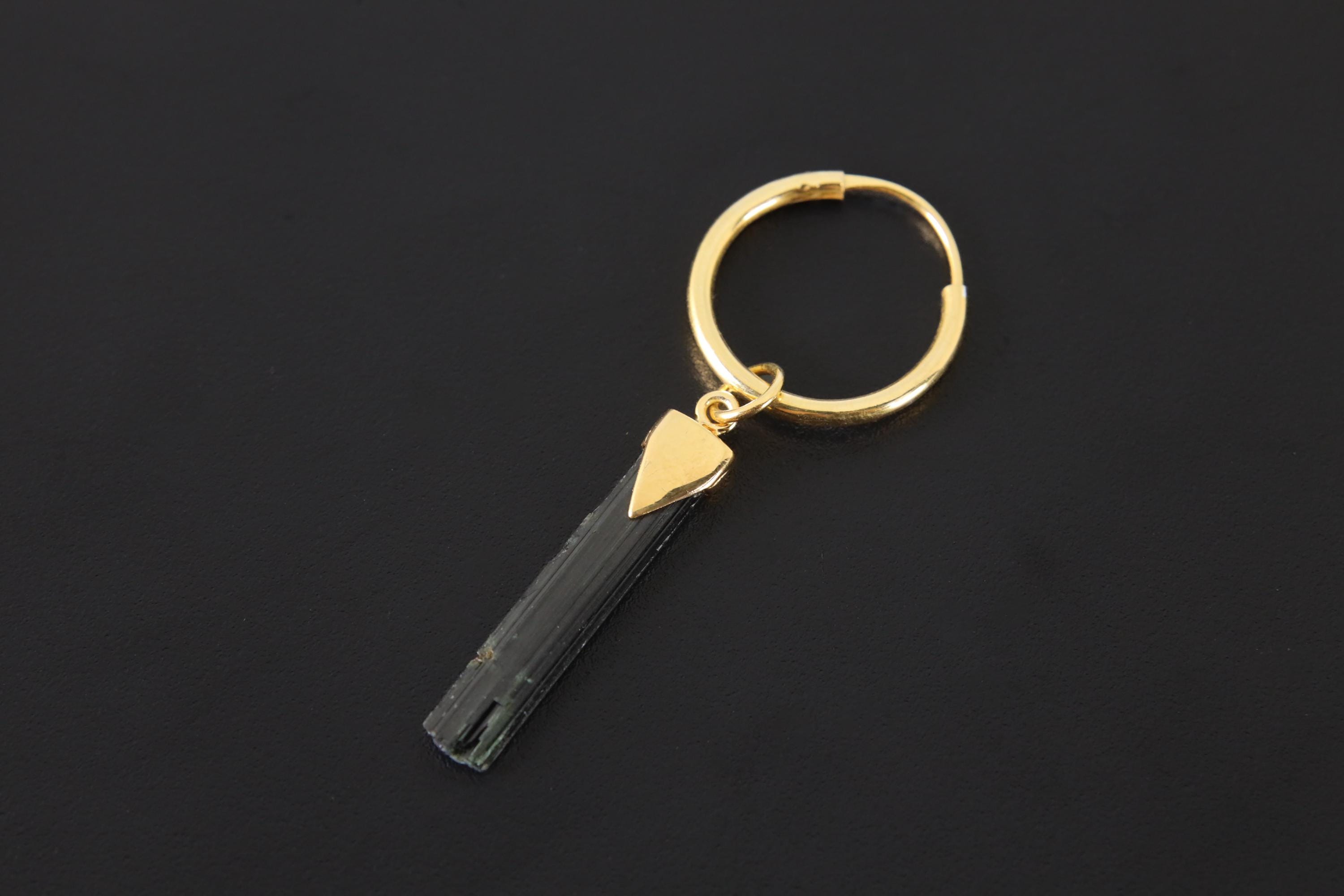 Single Green Tourmaline Dangle Hoop Earring, Set in Gold Plated Sterling Silver, Emotional Healing, Heart Chakra, Unique Gift